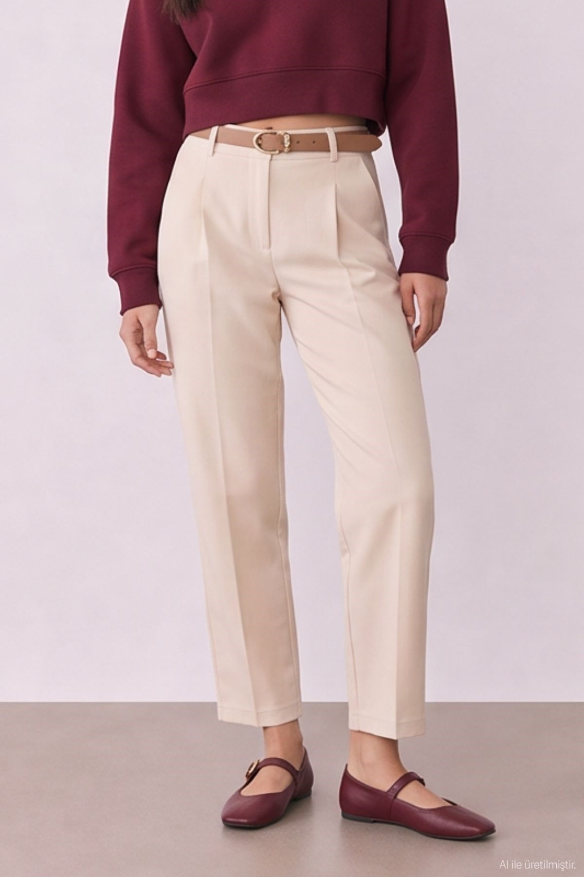 Quzu High Waist Belted Pleated Trousers Beige