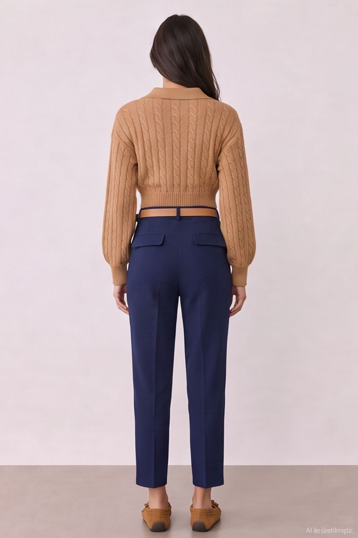 Quzu High Waist Belted Pleated Trousers Navy