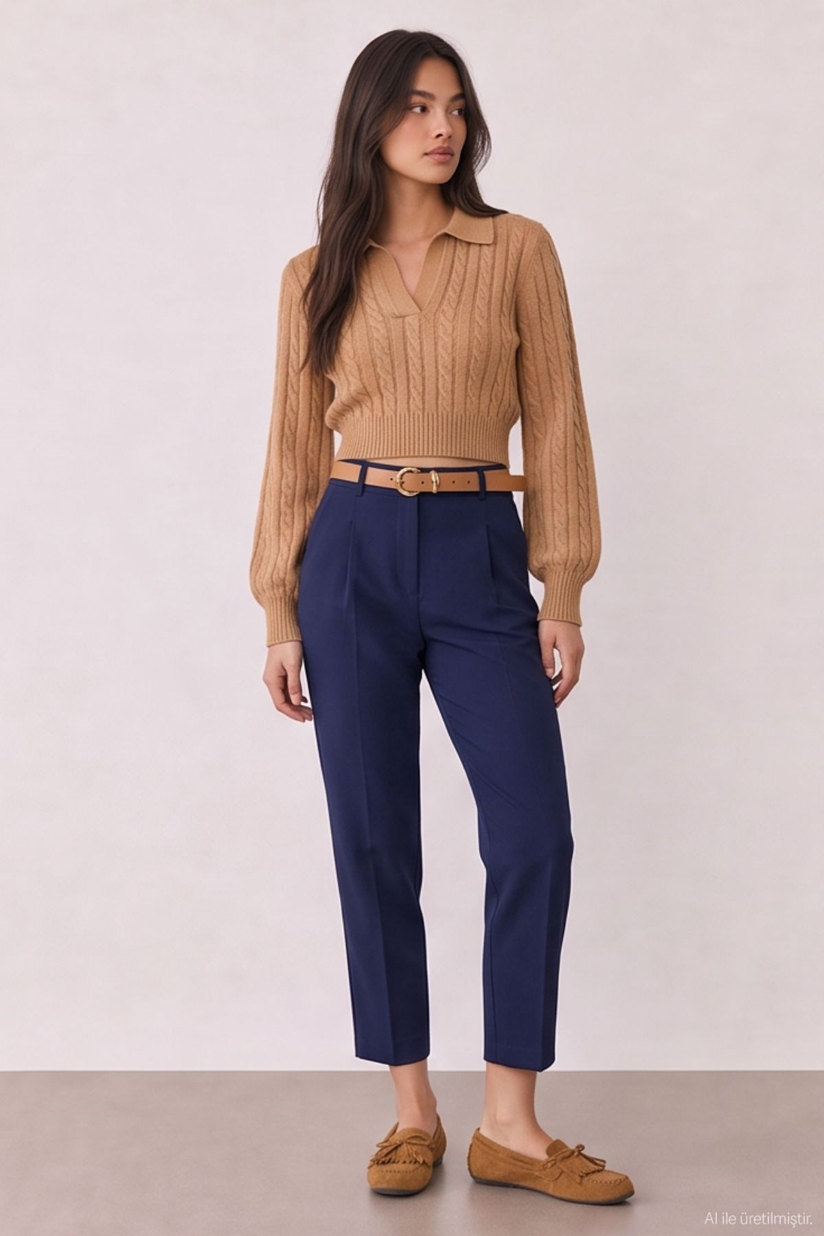 Quzu High Waist Belted Pleated Trousers Navy