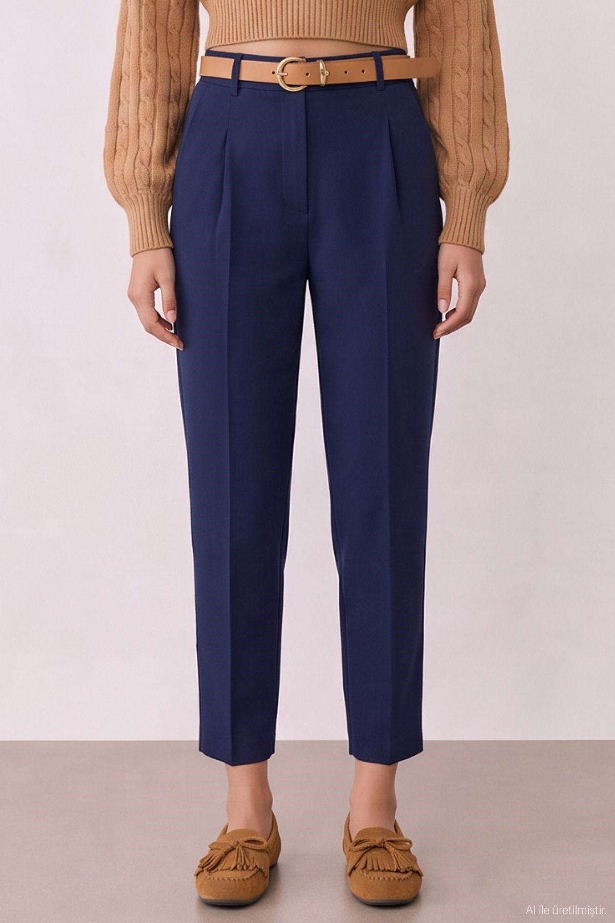 Quzu High Waist Belted Pleated Trousers Navy