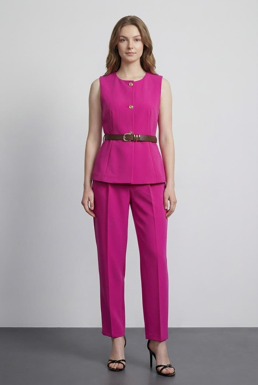 Quzu Yüksek Bel Kemerli Pensli Pantolon Fuşya