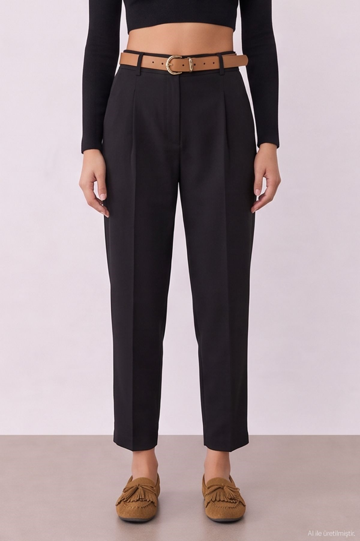 Quzu High Waist Belted Pleated Trousers Black