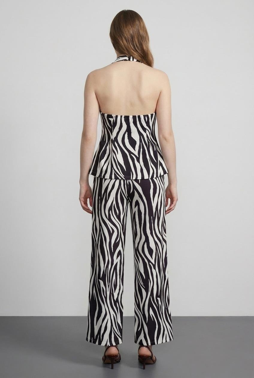 Quzu Zebra Desenli Palazzo Pantolon Kahve