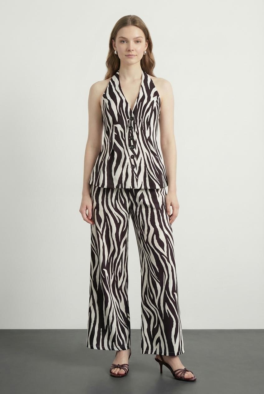 Quzu Zebra Desenli Palazzo Pantolon Kahve