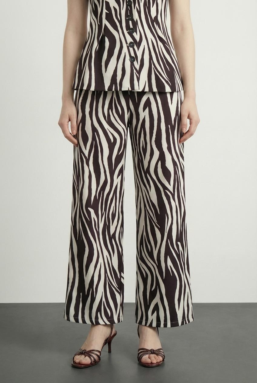 Quzu Zebra Desenli Palazzo Pantolon Kahve