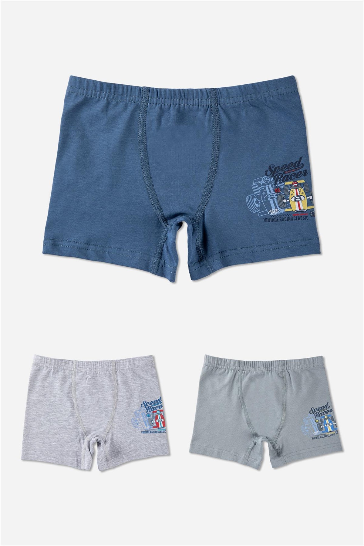 Erkek Çocuk Araba Desenli Pamuklu Boxer 3'lü Paket Gri