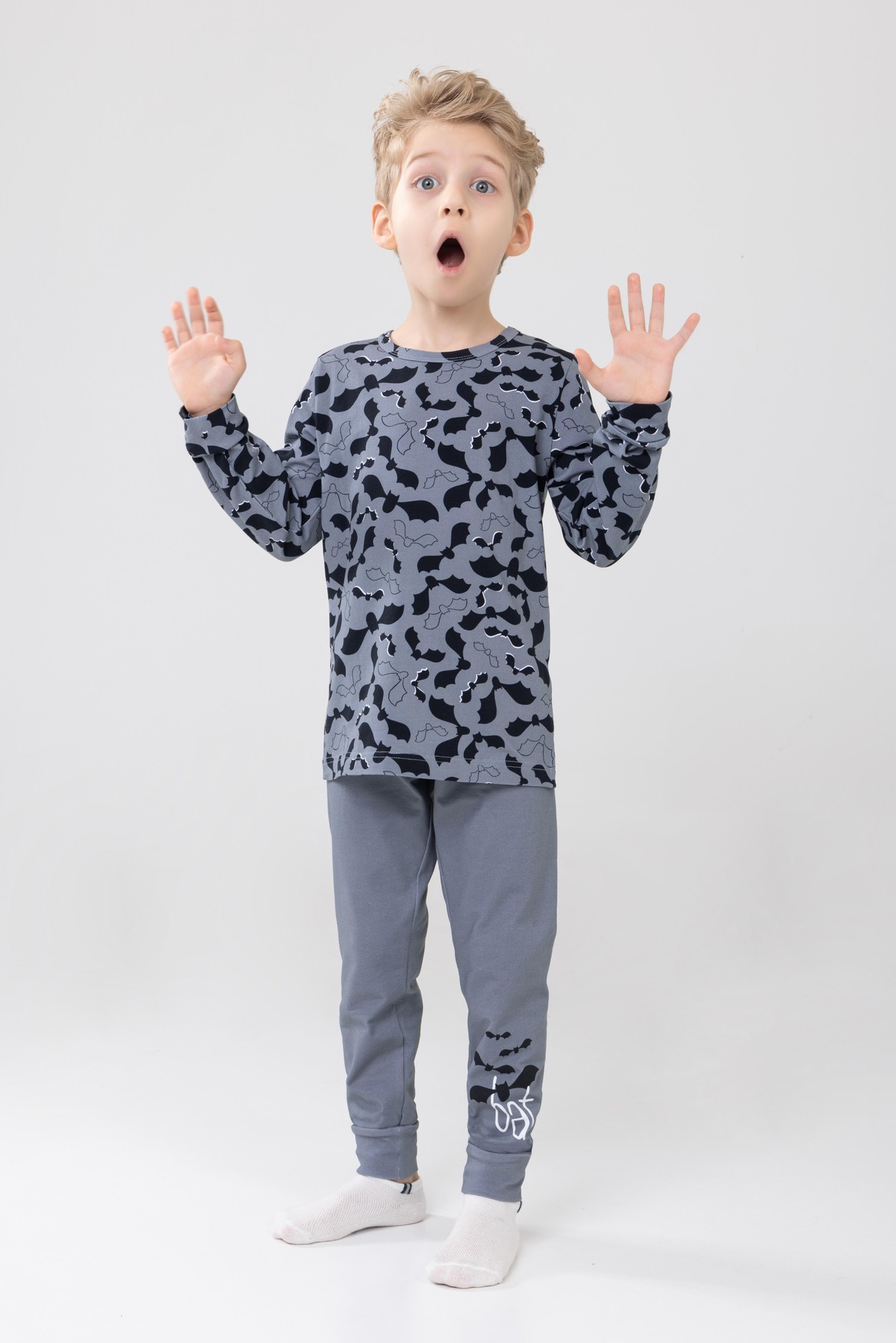 Erkek Çocuk Pamuklu Baskılı Bisiklet Yaka Uzun Kollu Manşetli Pijama Takımı 9605-1 Gri