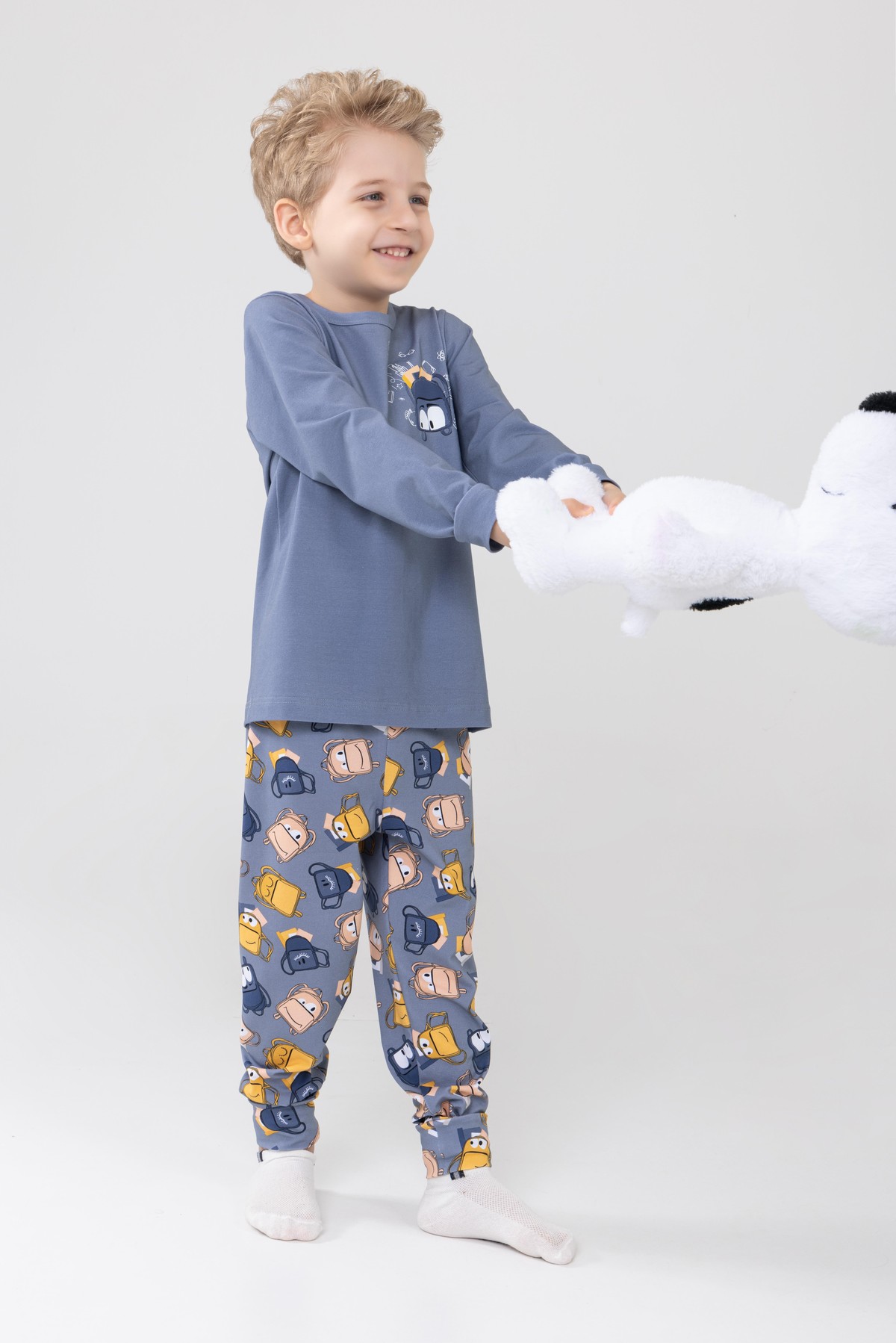 Erkek Çocuk Pamuklu Baskılı Bisiklet Yaka Uzun Kollu Manşetli Pijama Takımı 9604-1 Gri