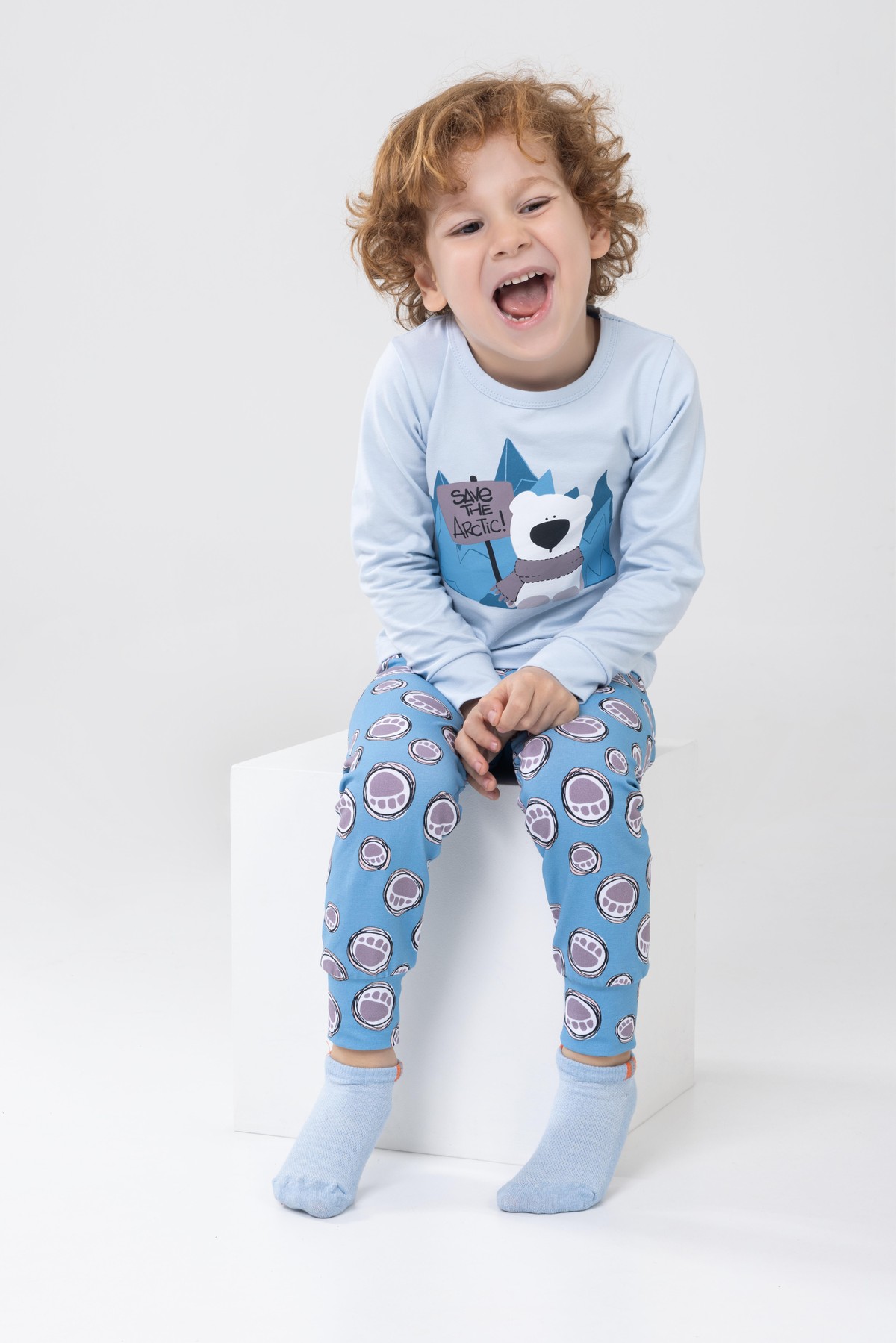 Erkek Çocuk Pamuklu Baskılı Bisiklet Yaka Uzun Kollu Manşetli Pijama Takımı 9603-1 Açık Mavi