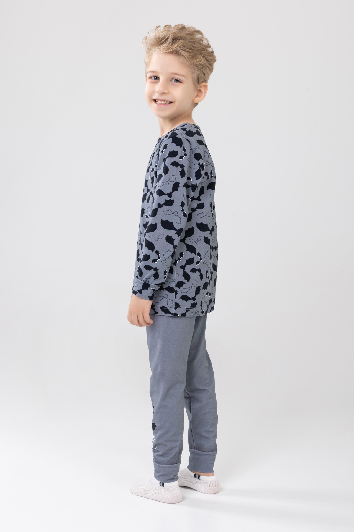 Erkek Çocuk Pamuklu Baskılı Bisiklet Yaka Uzun Kollu Manşetli Pijama Takımı 9605-1 Gri