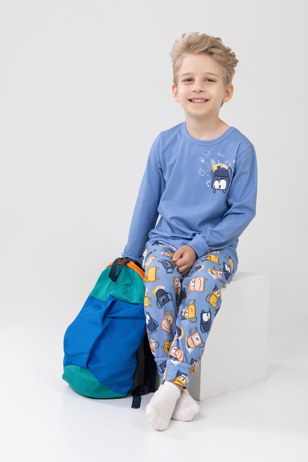Erkek Çocuk Pamuklu Baskılı Bisiklet Yaka Uzun Kollu Manşetli Pijama Takımı 9604-1 Açık Mavi