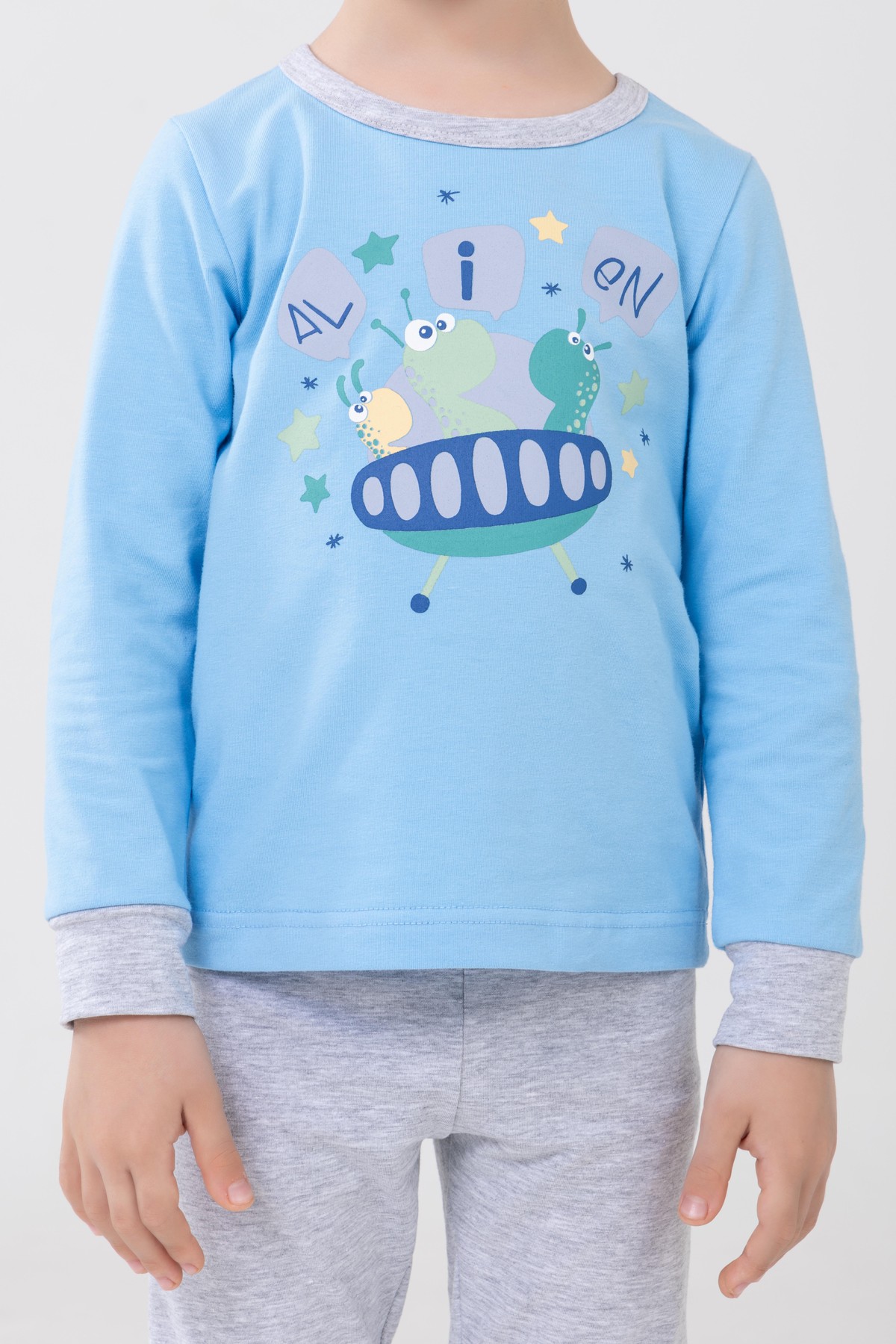 Erkek Çocuk Pamuklu Baskılı Bisiklet Yaka Uzun Kollu Manşetli Pijama Takımı 9602-1 Açık Mavi