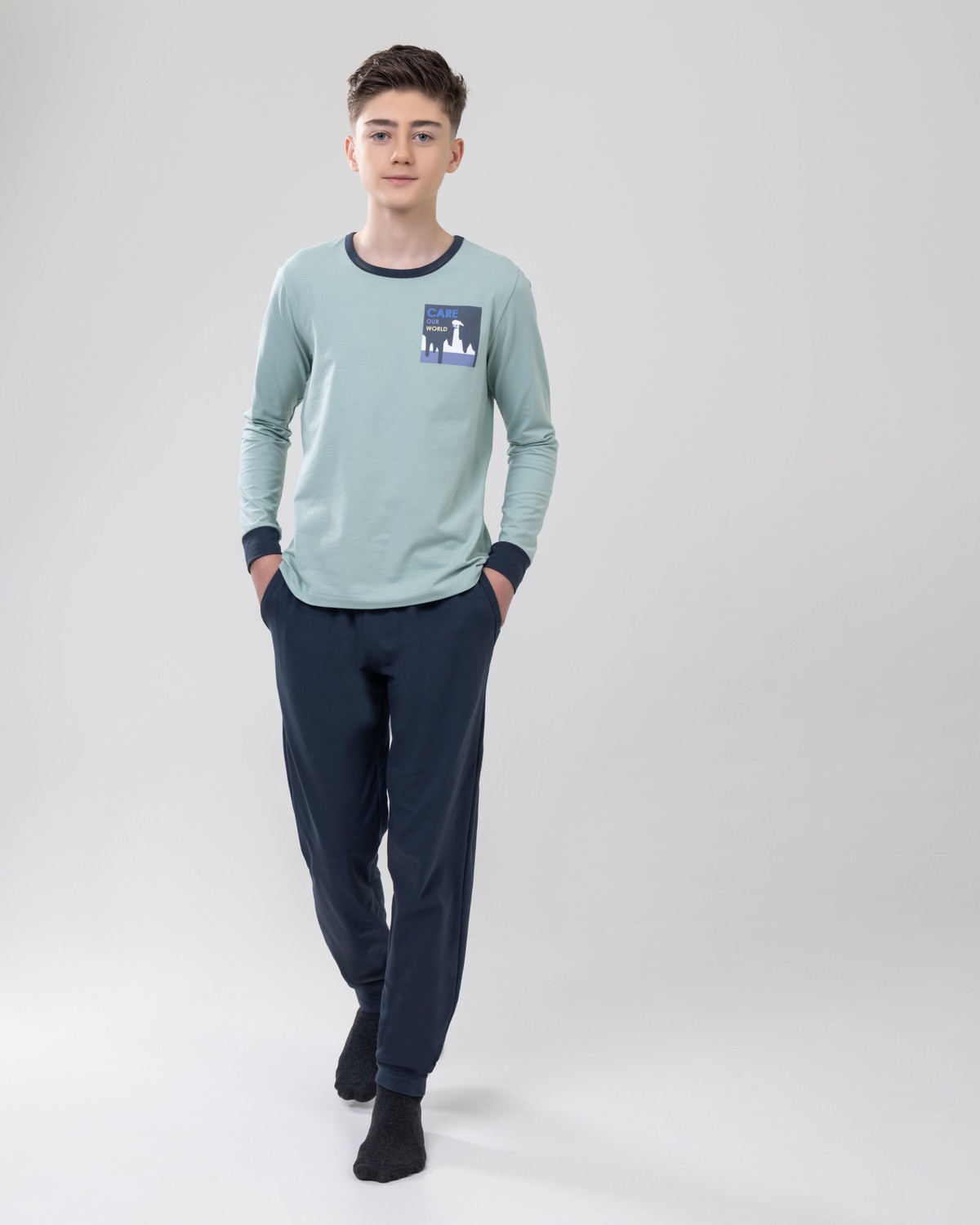 Erkek Çocuk Pamuklu Baskılı Bisiklet Yaka Uzun Kollu Manşetli Pijama Takımı 9607-1 Yeşil