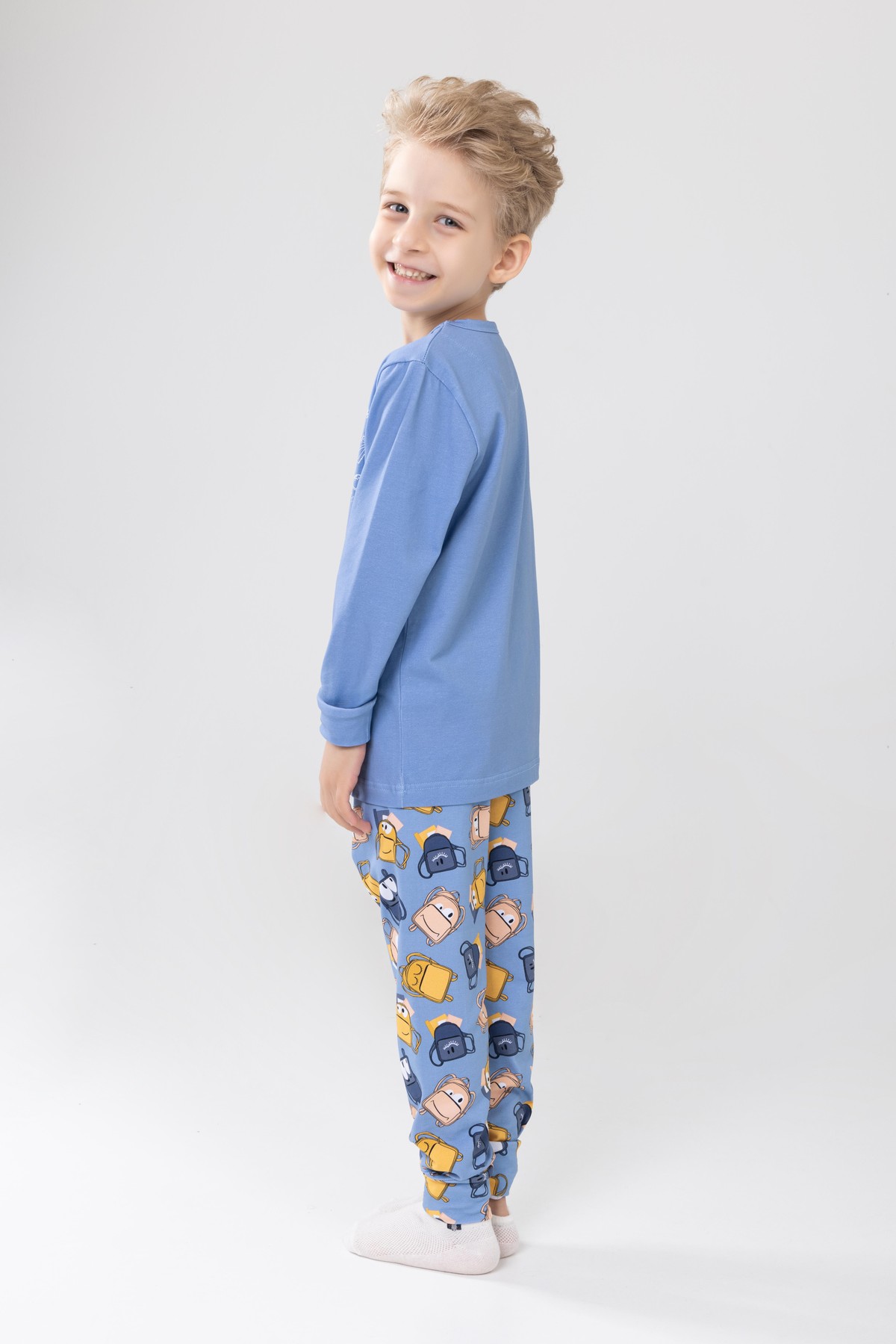 Erkek Çocuk Pamuklu Baskılı Bisiklet Yaka Uzun Kollu Manşetli Pijama Takımı 9604-1 Açık Mavi