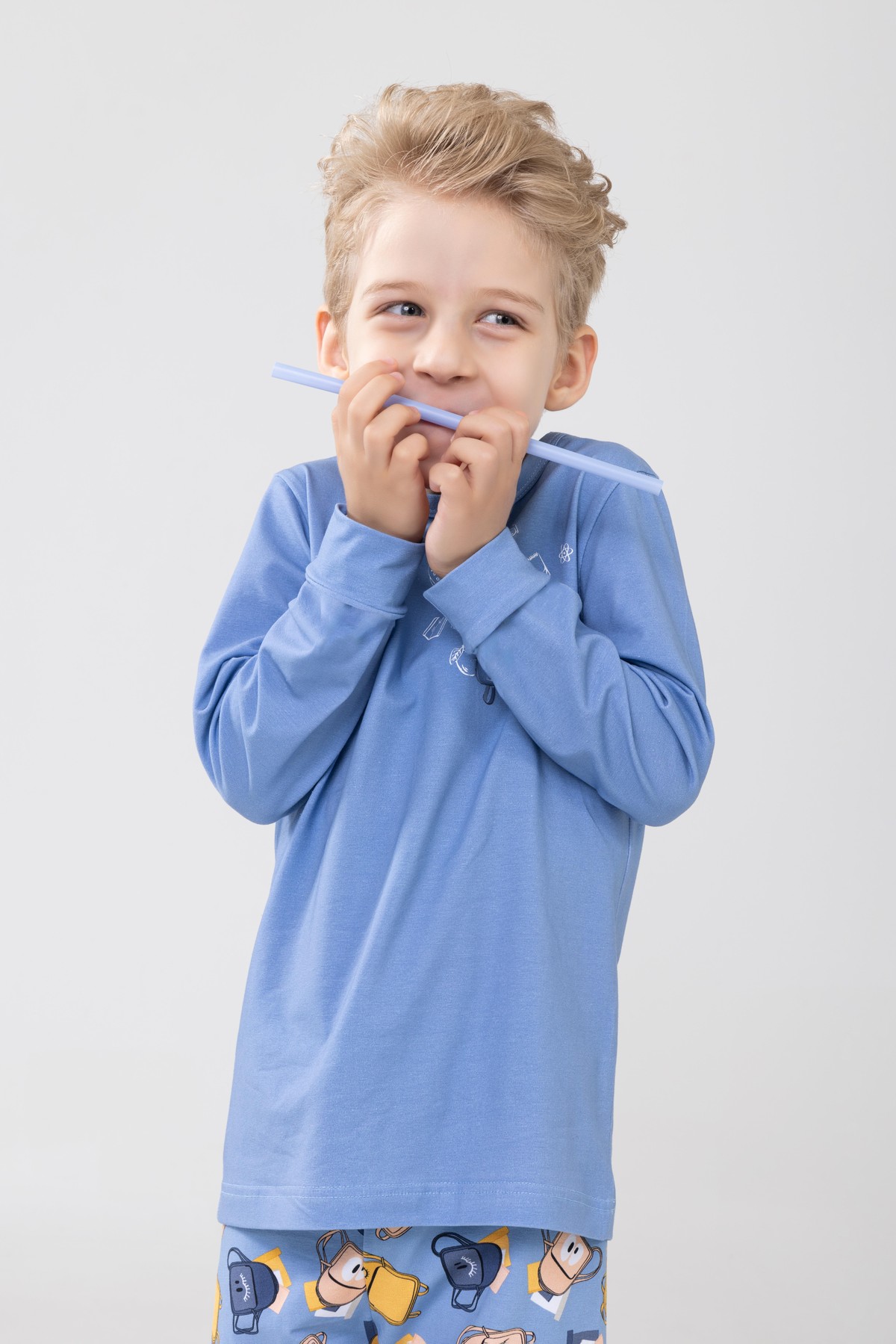 Erkek Çocuk Pamuklu Baskılı Bisiklet Yaka Uzun Kollu Manşetli Pijama Takımı 9604-1 Açık Mavi