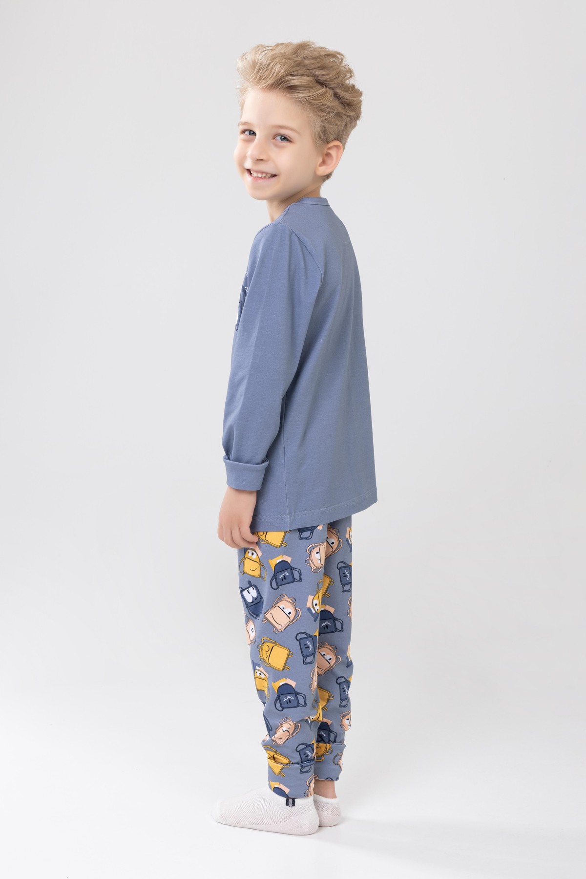Erkek Çocuk Pamuklu Baskılı Bisiklet Yaka Uzun Kollu Manşetli Pijama Takımı 9604-1 Gri