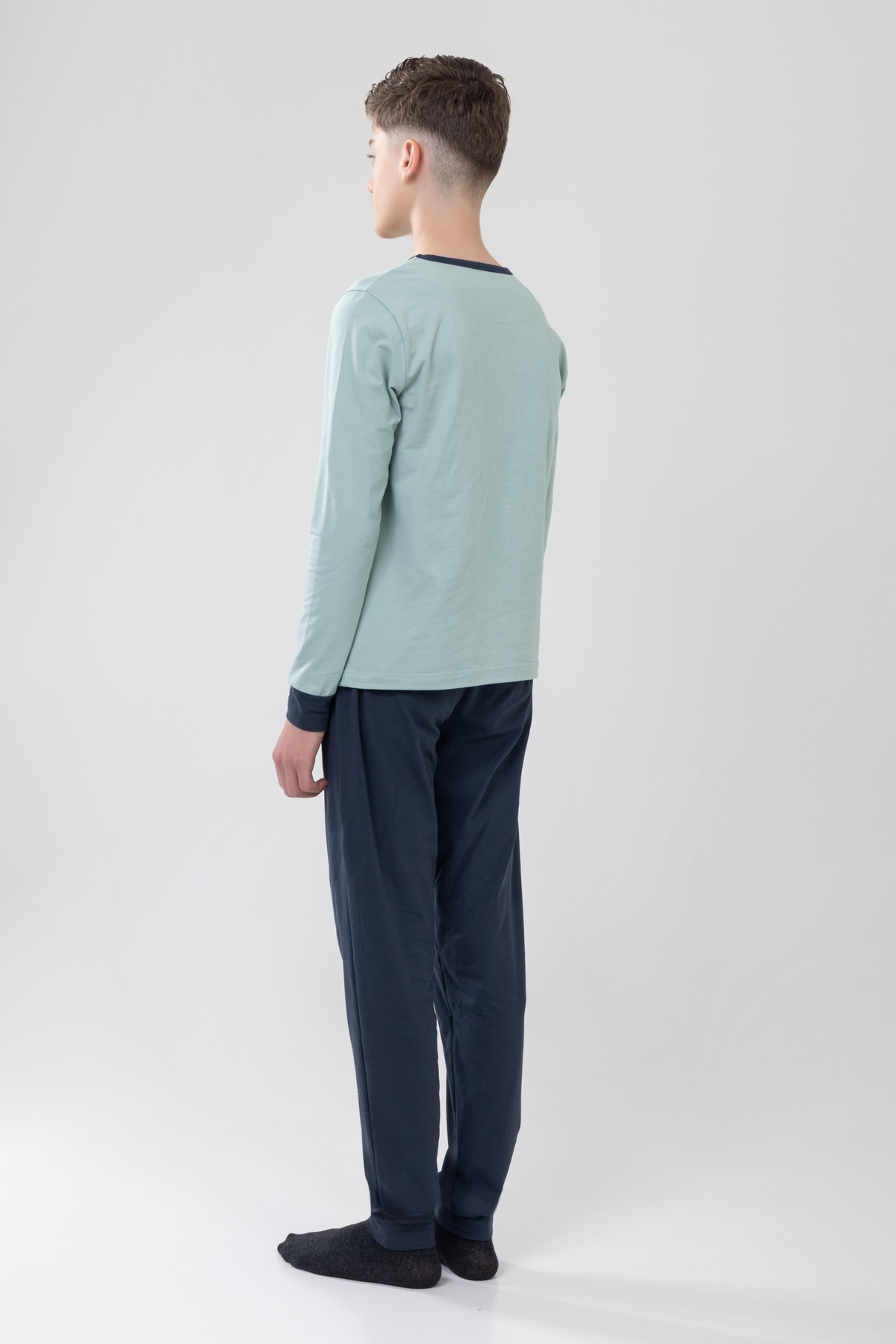 Erkek Çocuk Pamuklu Baskılı Bisiklet Yaka Uzun Kollu Manşetli Pijama Takımı 9607-1 Yeşil