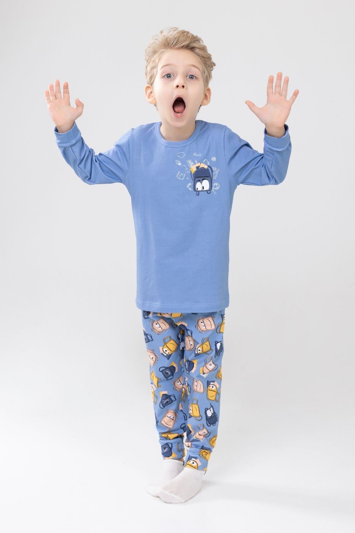 Erkek Çocuk Pamuklu Baskılı Bisiklet Yaka Uzun Kollu Manşetli Pijama Takımı 9604-1 Açık Mavi
