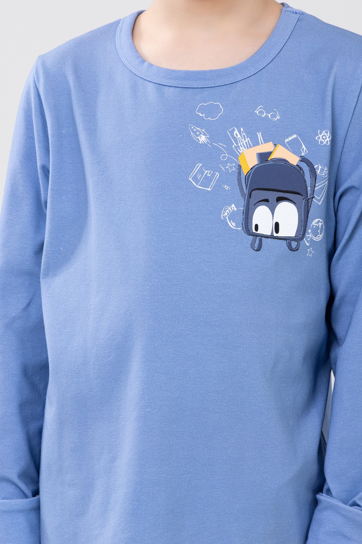Erkek Çocuk Pamuklu Baskılı Bisiklet Yaka Uzun Kollu Manşetli Pijama Takımı 9604-1 Açık Mavi