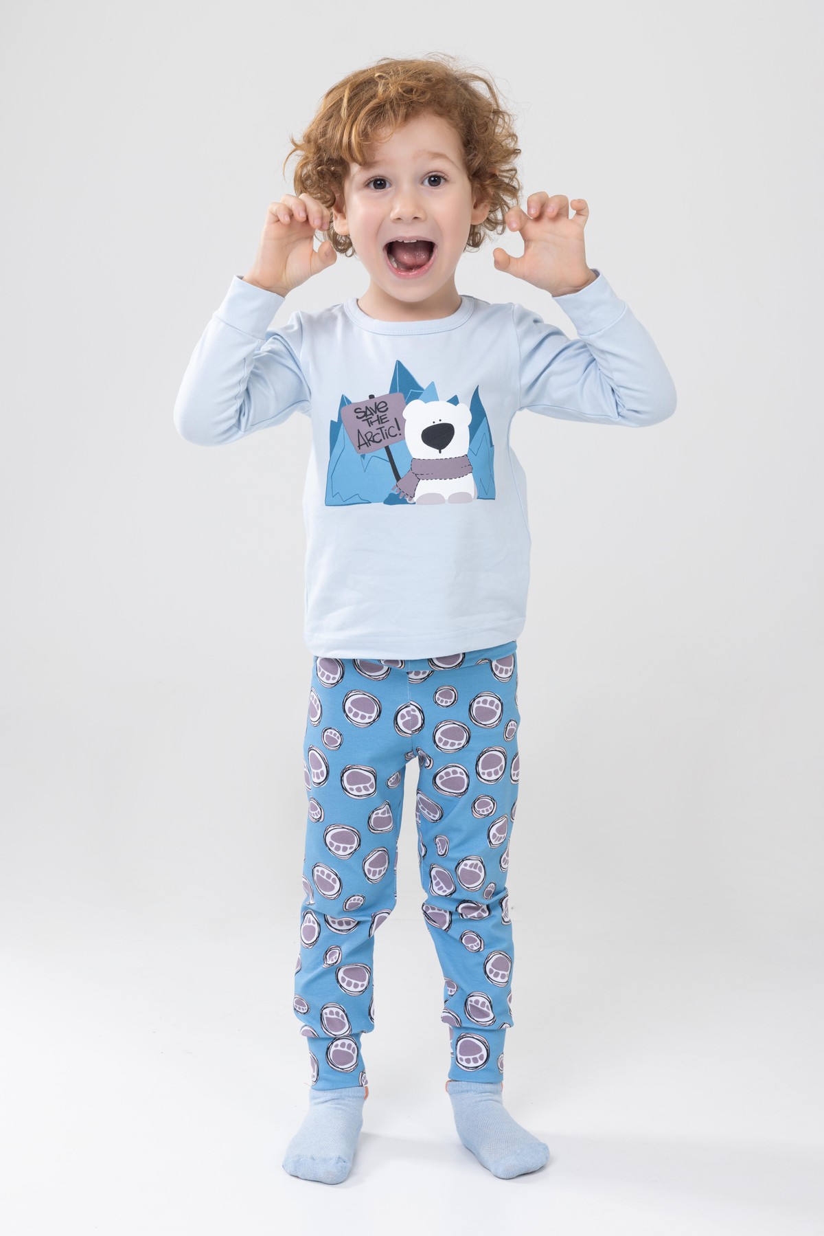 Erkek Çocuk Pamuklu Baskılı Bisiklet Yaka Uzun Kollu Manşetli Pijama Takımı 9603-1 Açık Mavi