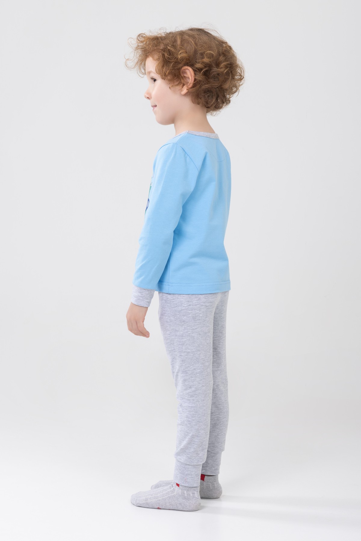 Erkek Çocuk Pamuklu Baskılı Bisiklet Yaka Uzun Kollu Manşetli Pijama Takımı 9602-1 Açık Mavi