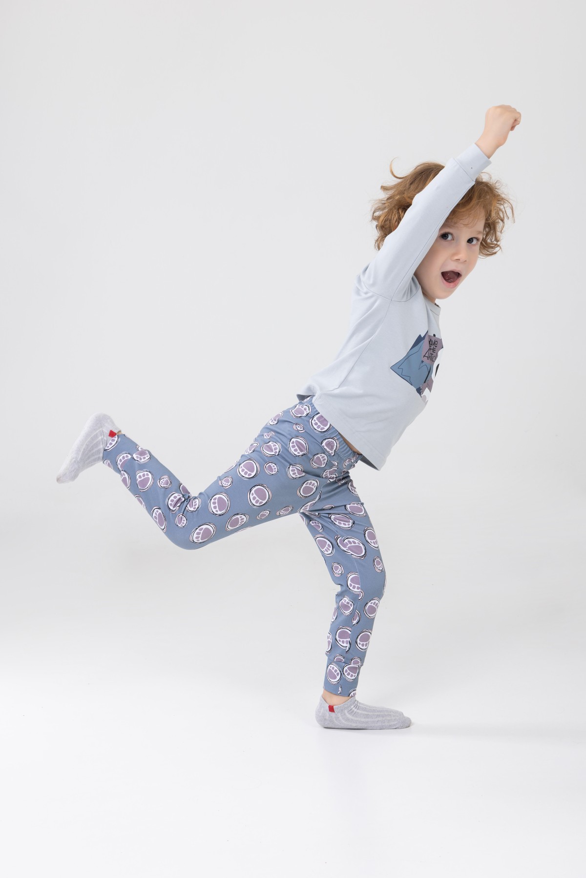 Erkek Çocuk Pamuklu Baskılı Bisiklet Yaka Uzun Kollu Manşetli Pijama Takımı 9603-1 Gri