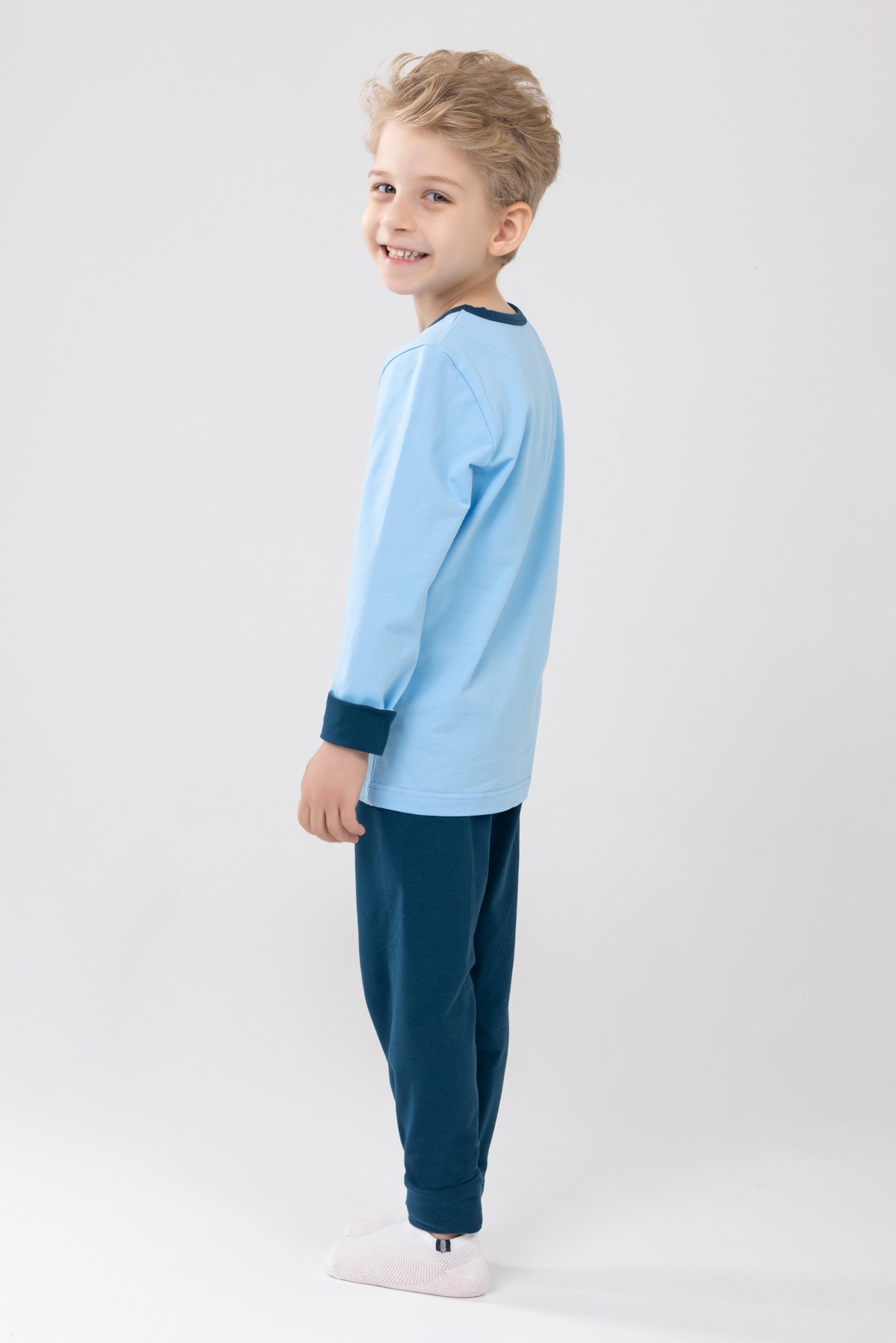 Erkek Çocuk Pamuklu Baskılı Bisiklet Yaka Uzun Kollu Manşetli Pijama Takımı 9606-1 Mavi