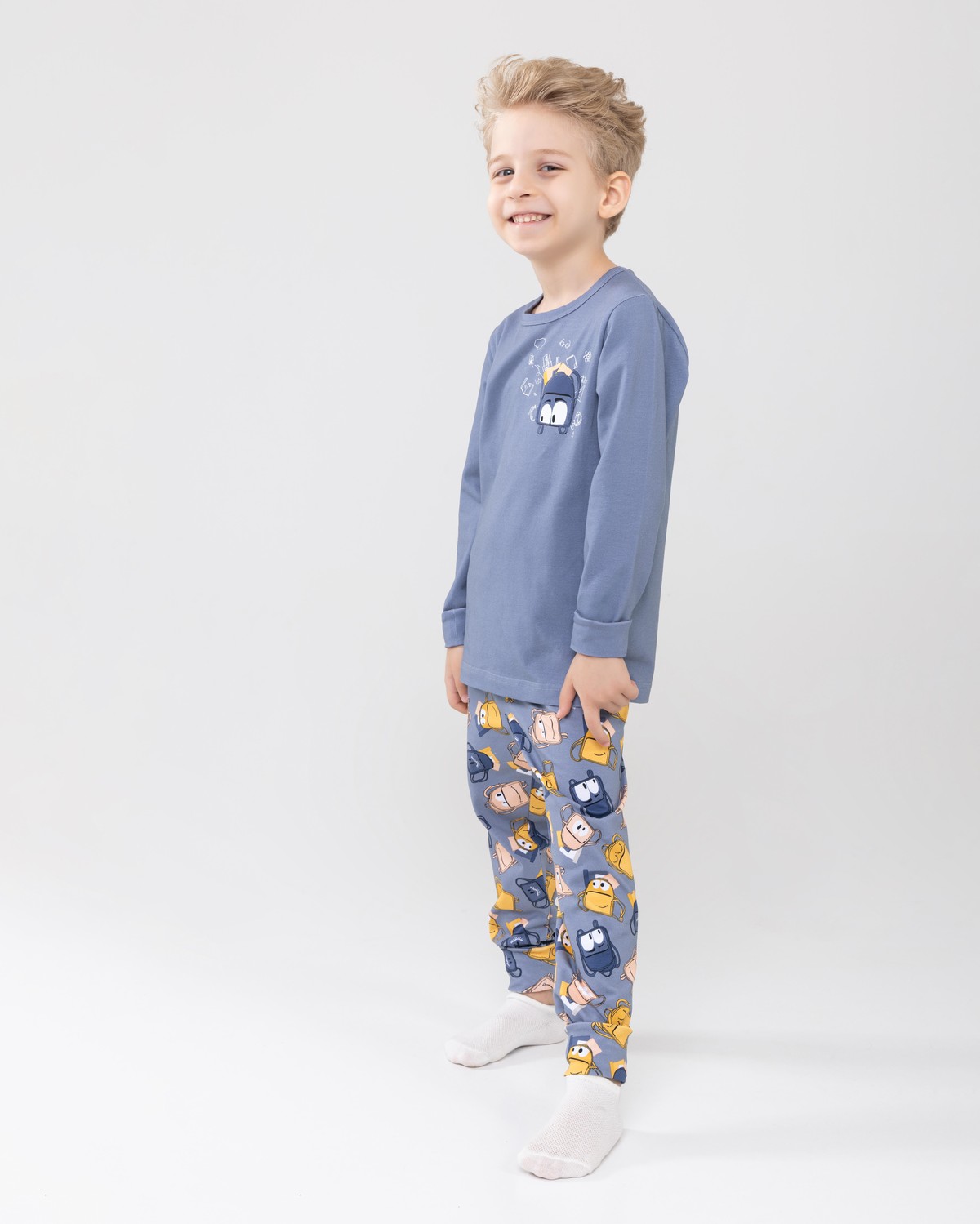 Erkek Çocuk Pamuklu Baskılı Bisiklet Yaka Uzun Kollu Manşetli Pijama Takımı 9604-1 Gri