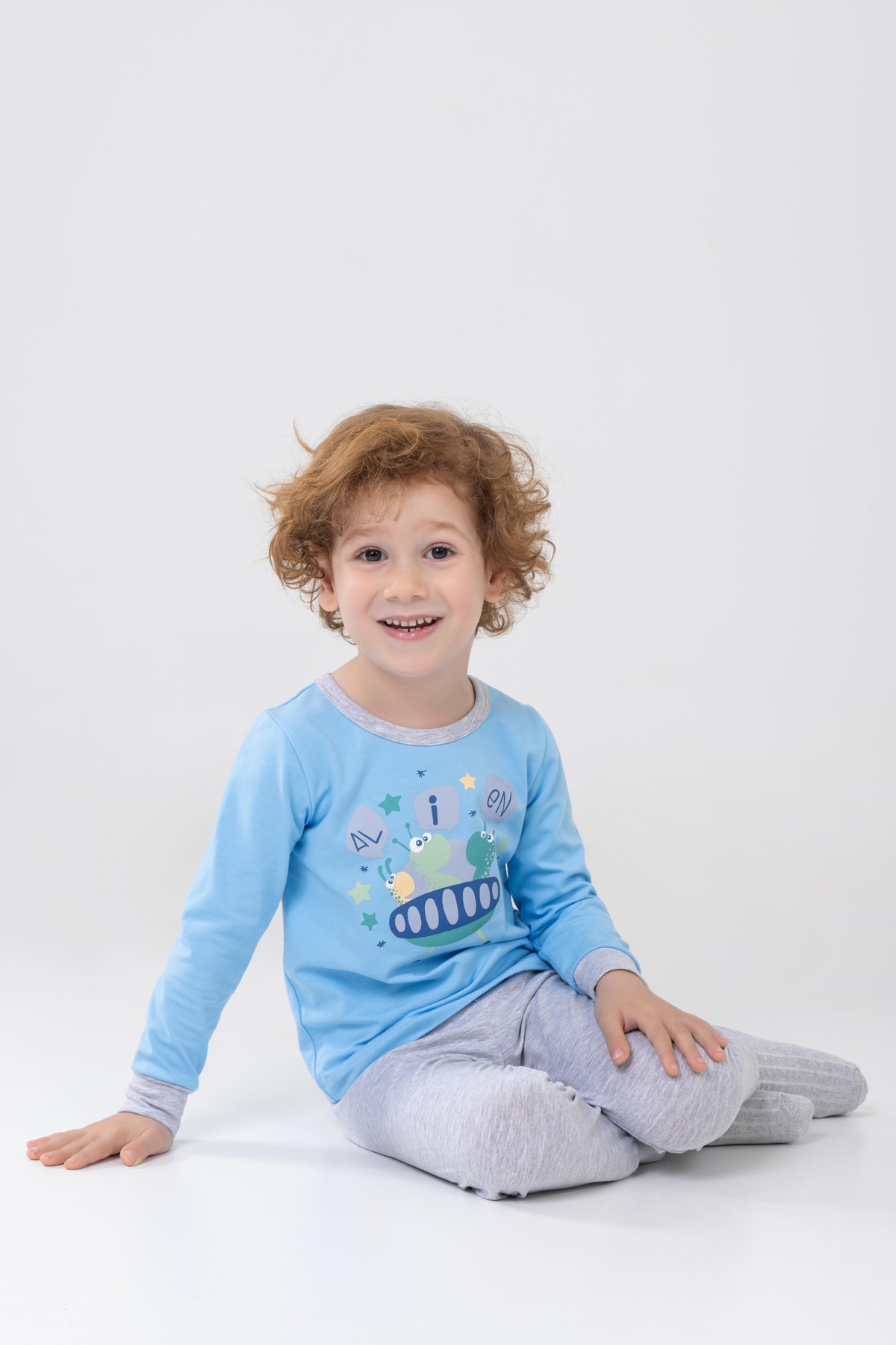 Erkek Çocuk Pamuklu Baskılı Bisiklet Yaka Uzun Kollu Manşetli Pijama Takımı 9602-1 Açık Mavi