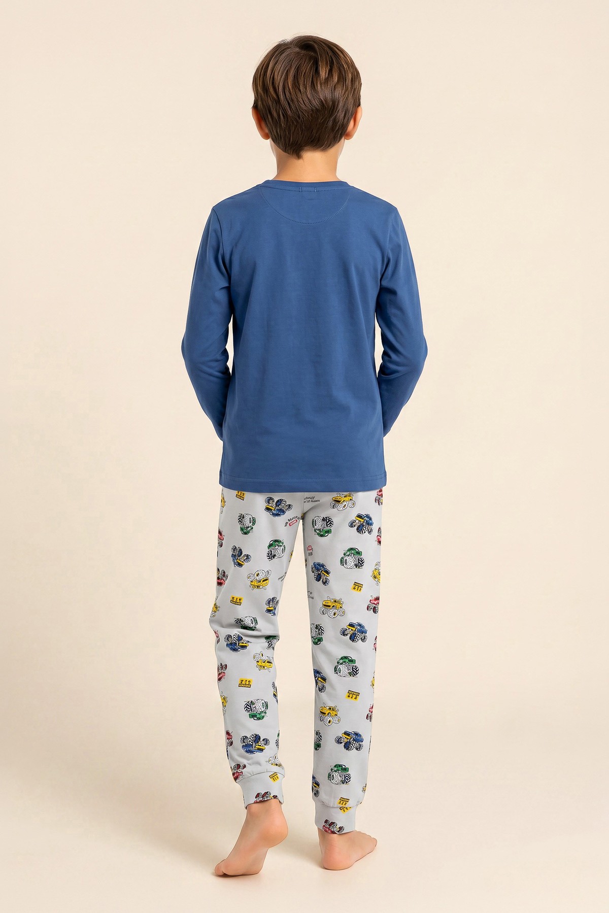 Erkek Çocuk Pamuklu Bisiklet Yaka Araba Baskılı Uzun Kollu Pijama Takımı 9666 Mavi