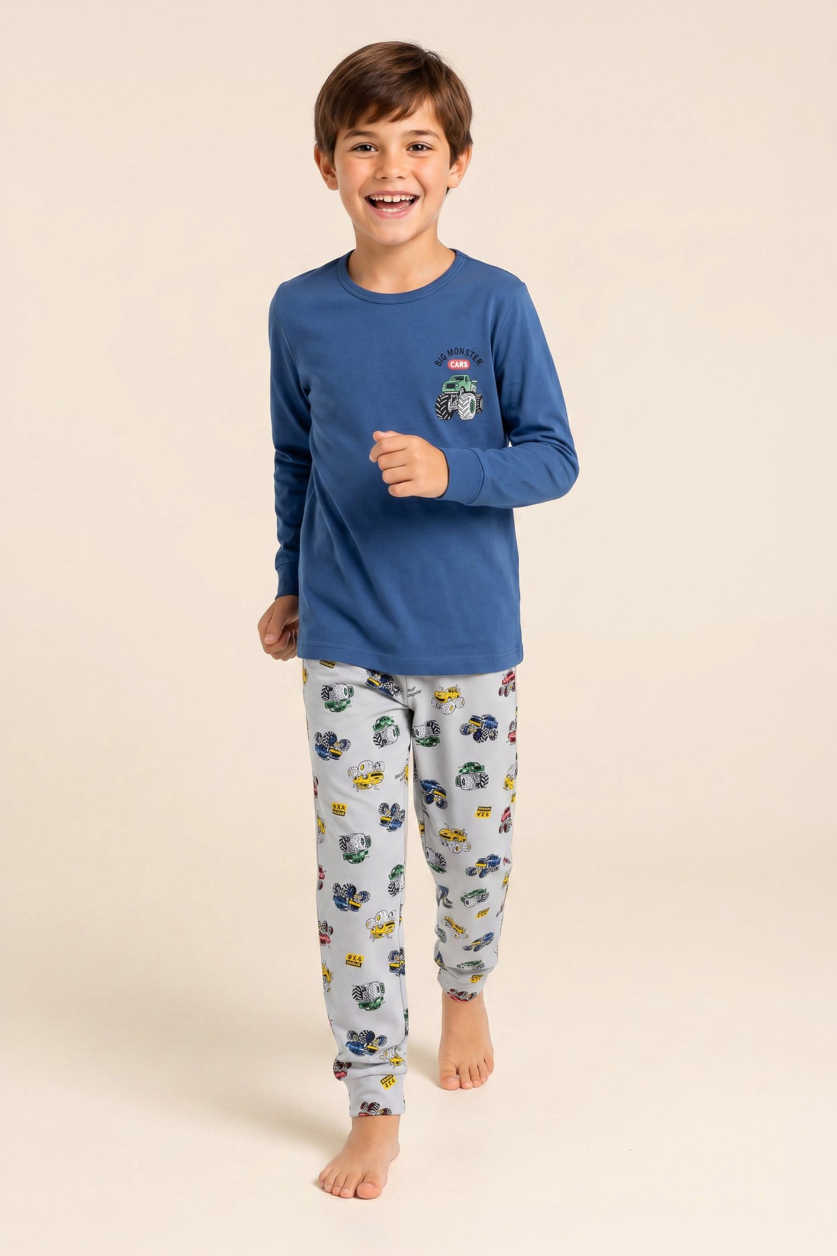 Erkek Çocuk Pamuklu Bisiklet Yaka Araba Baskılı Uzun Kollu Pijama Takımı 9666 Mavi