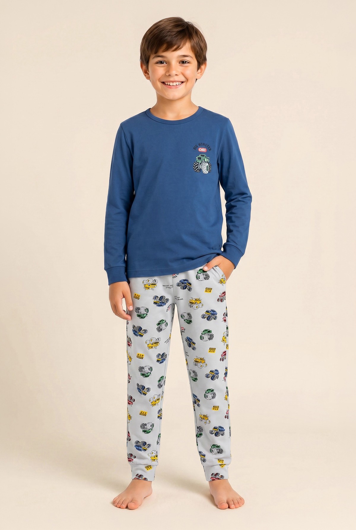 Erkek Çocuk Pamuklu Bisiklet Yaka Araba Baskılı Uzun Kollu Pijama Takımı 9666 Mavi