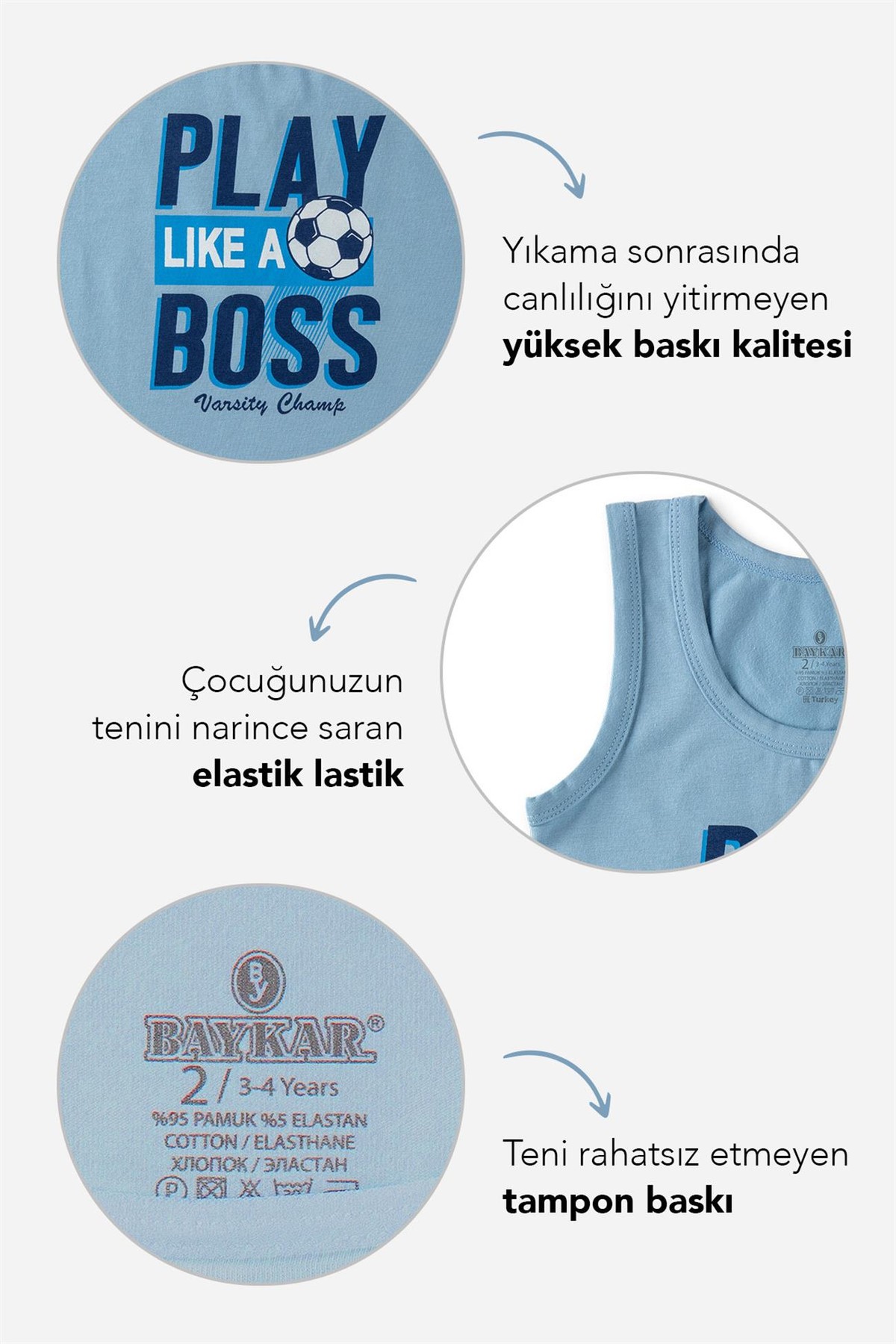 Erkek Çocuk Pamuklu Bisiklet Yaka Baskılı Atlet Tişört 3'lü Paket 2360 Renkli