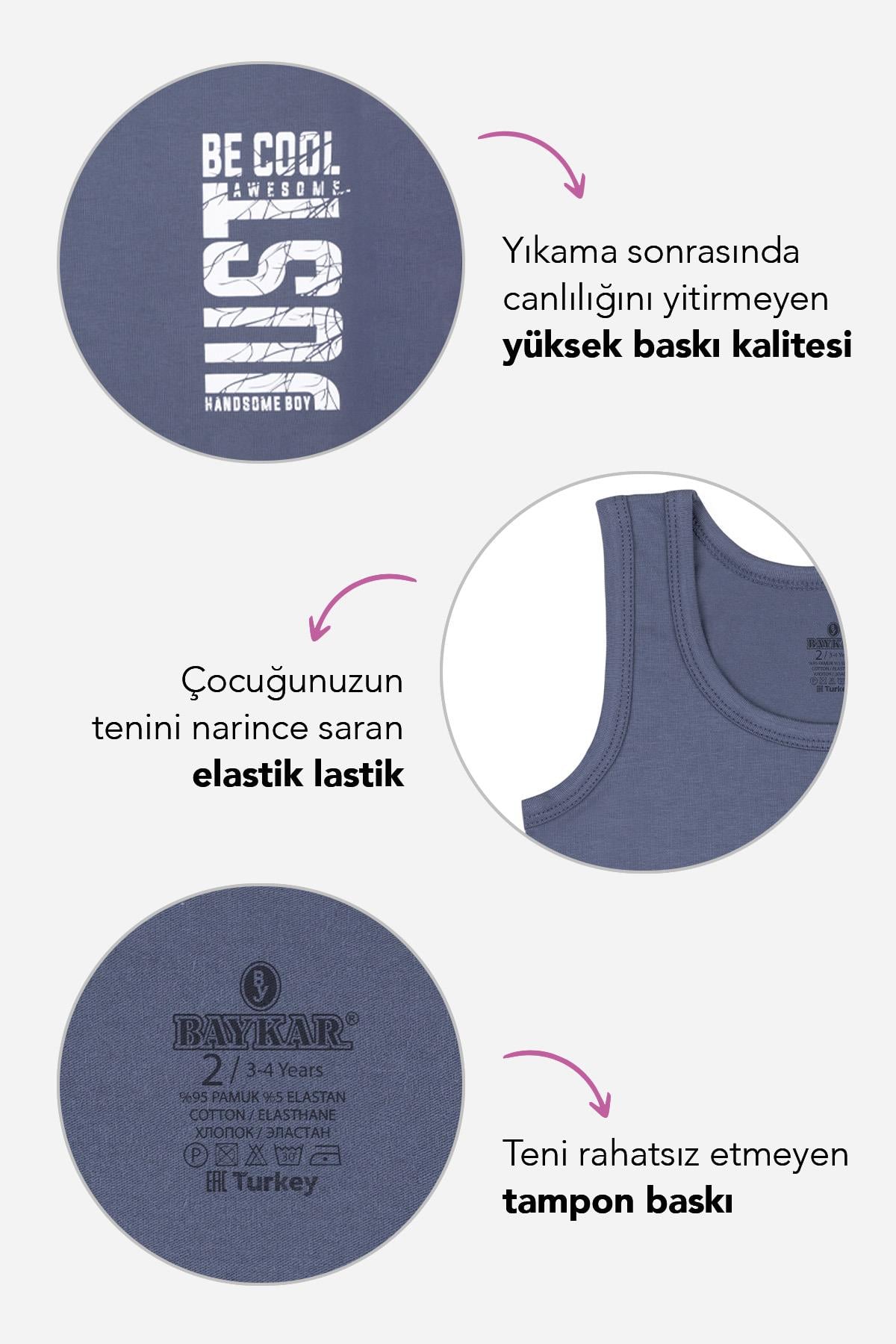 Erkek Çocuk Pamuklu Bisiklet Yaka Baskılı Atlet Tişört 3'lü Paket 2951 Renkli