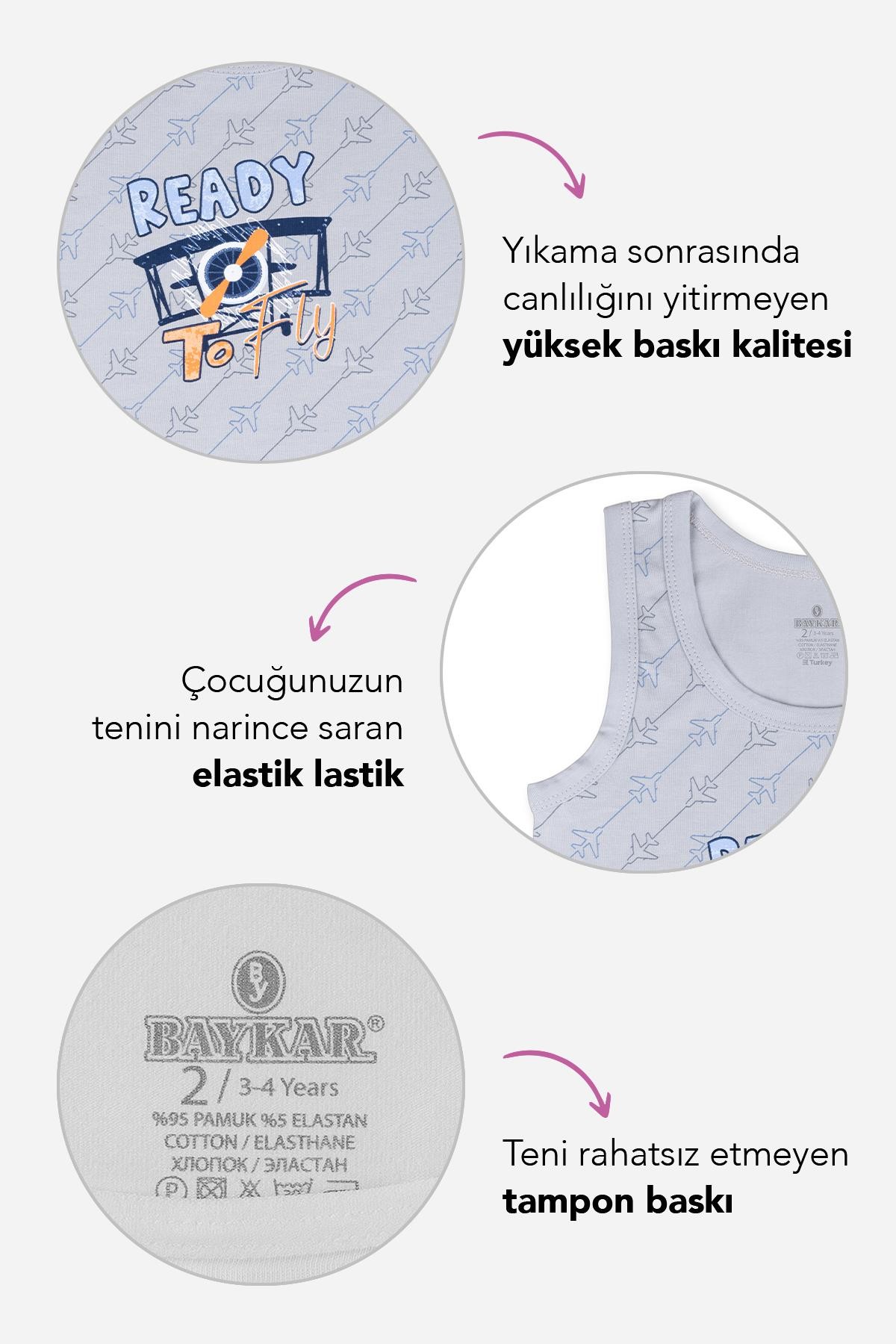 Erkek Çocuk Pamuklu Bisiklet Yaka Baskılı Atlet Tişört 3'lü Paket 2424 Renkli