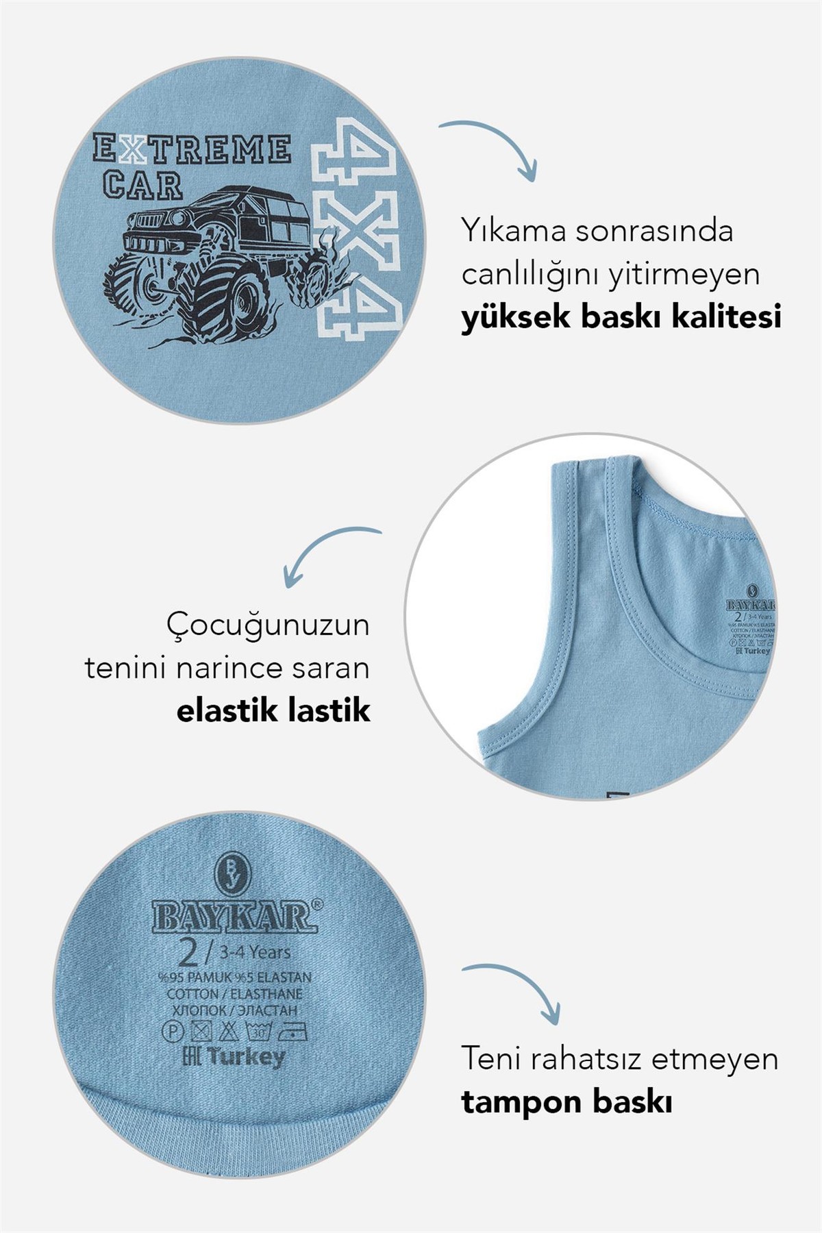 Erkek Çocuk Pamuklu Bisiklet Yaka Baskılı Atlet Tişört 3'lü Paket 2374 Renkli