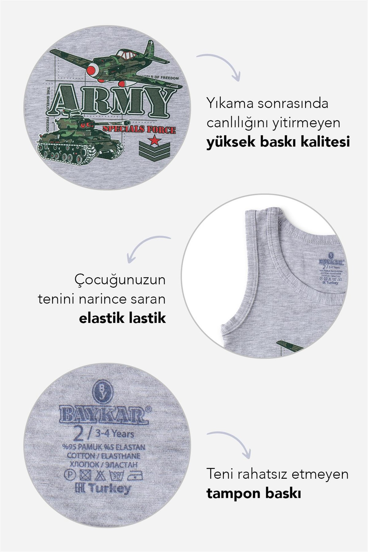 Erkek Çocuk Pamuklu Bisiklet Yaka Baskılı Atlet Tişört 3'lü Paket 2392 Renkli