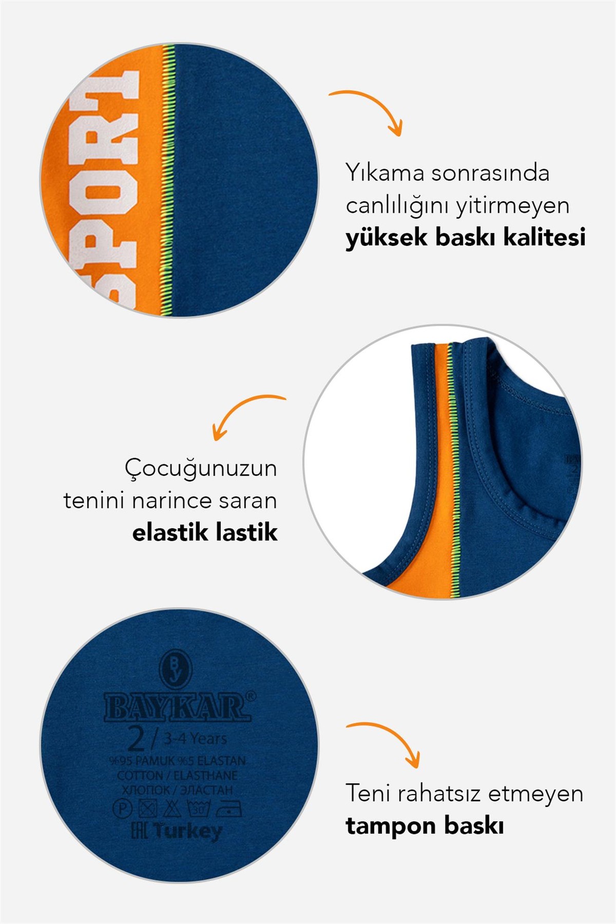 Erkek Çocuk Pamuklu Bisiklet Yaka Baskılı Atlet Tişört 3'lü Paket 2368 Renkli