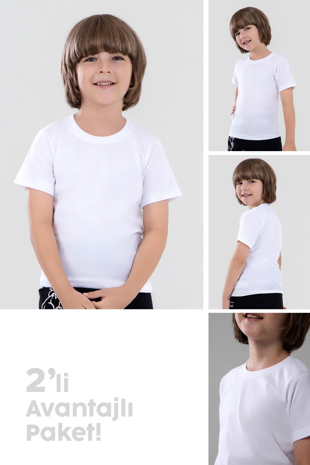 Erkek Çocuk Pamuklu Bisiklet Yaka Fanila Tişört 2'li Paket 2202 Beyaz