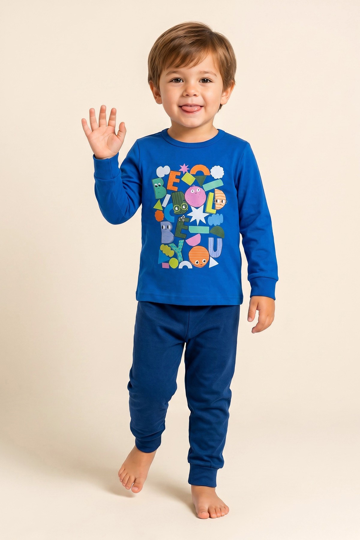 Erkek Çocuk Pamuklu Bisiklet Yaka Harf Baskılı Uzun Kollu Pijama Takımı 9659 Mavi