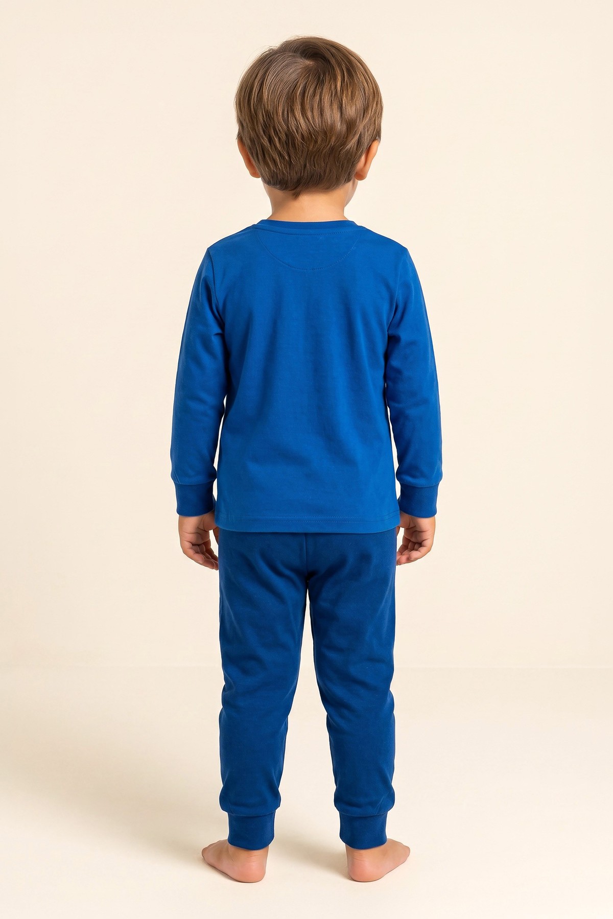 Erkek Çocuk Pamuklu Bisiklet Yaka Harf Baskılı Uzun Kollu Pijama Takımı 9659 Mavi
