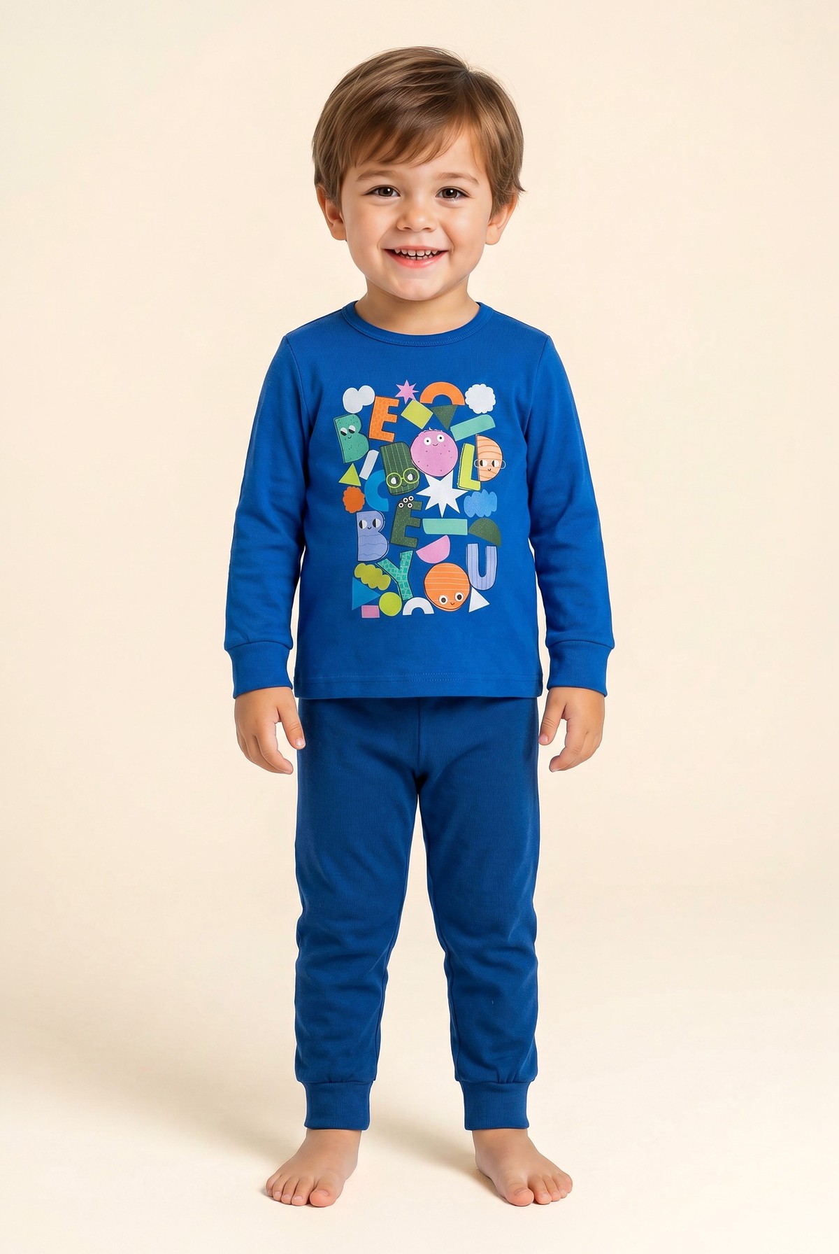 Erkek Çocuk Pamuklu Bisiklet Yaka Harf Baskılı Uzun Kollu Pijama Takımı 9659 Mavi