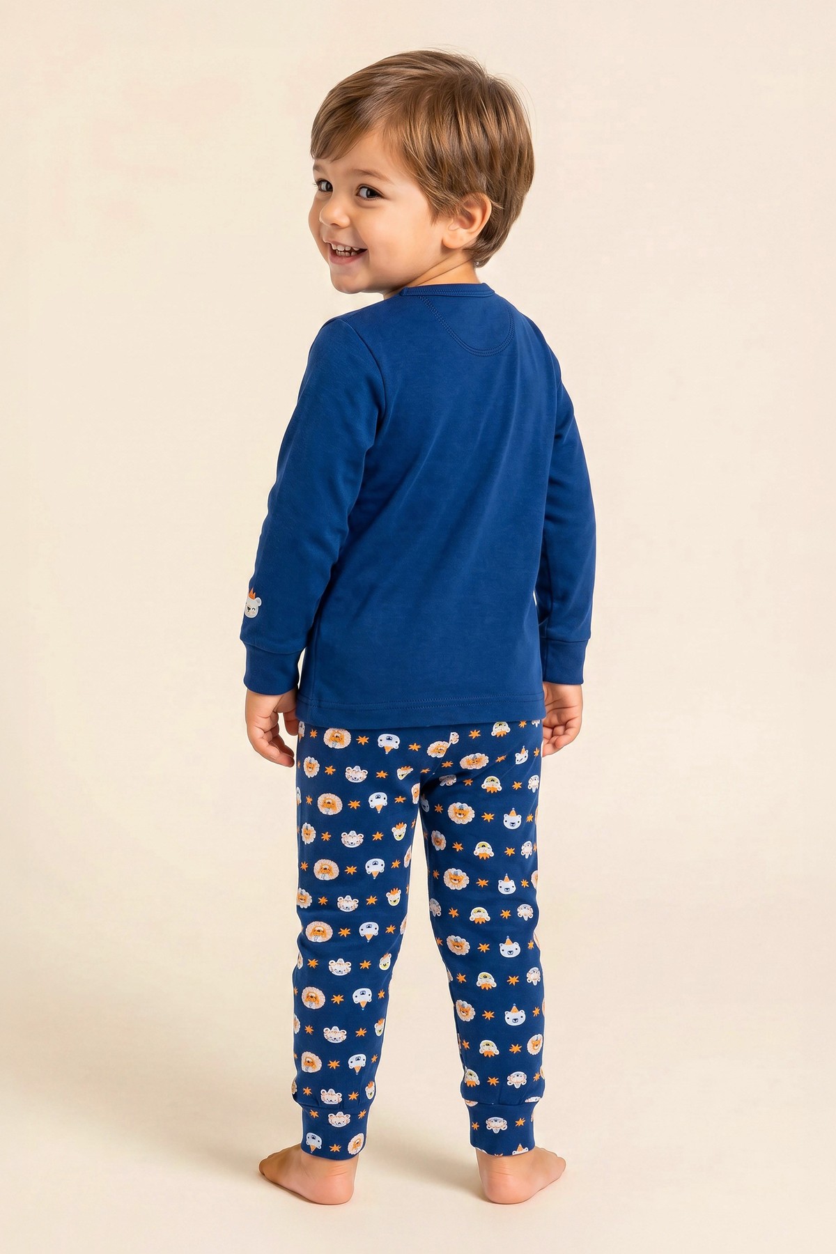 Erkek Çocuk Pamuklu Bisiklet Yaka Hayvan Karakterleri Baskılı Uzun Kollu Pijama Takımı 9651 Mavi