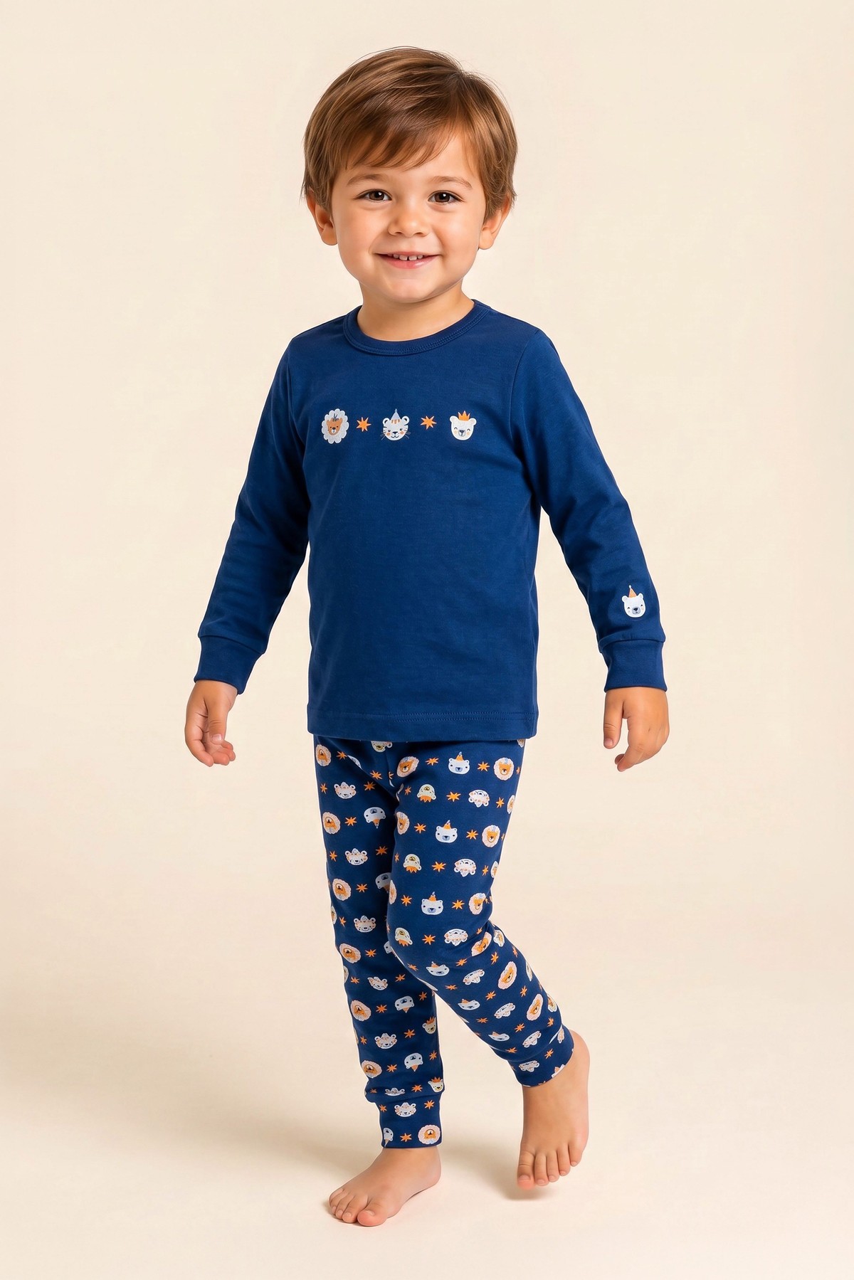 Erkek Çocuk Pamuklu Bisiklet Yaka Hayvan Karakterleri Baskılı Uzun Kollu Pijama Takımı 9651 Mavi