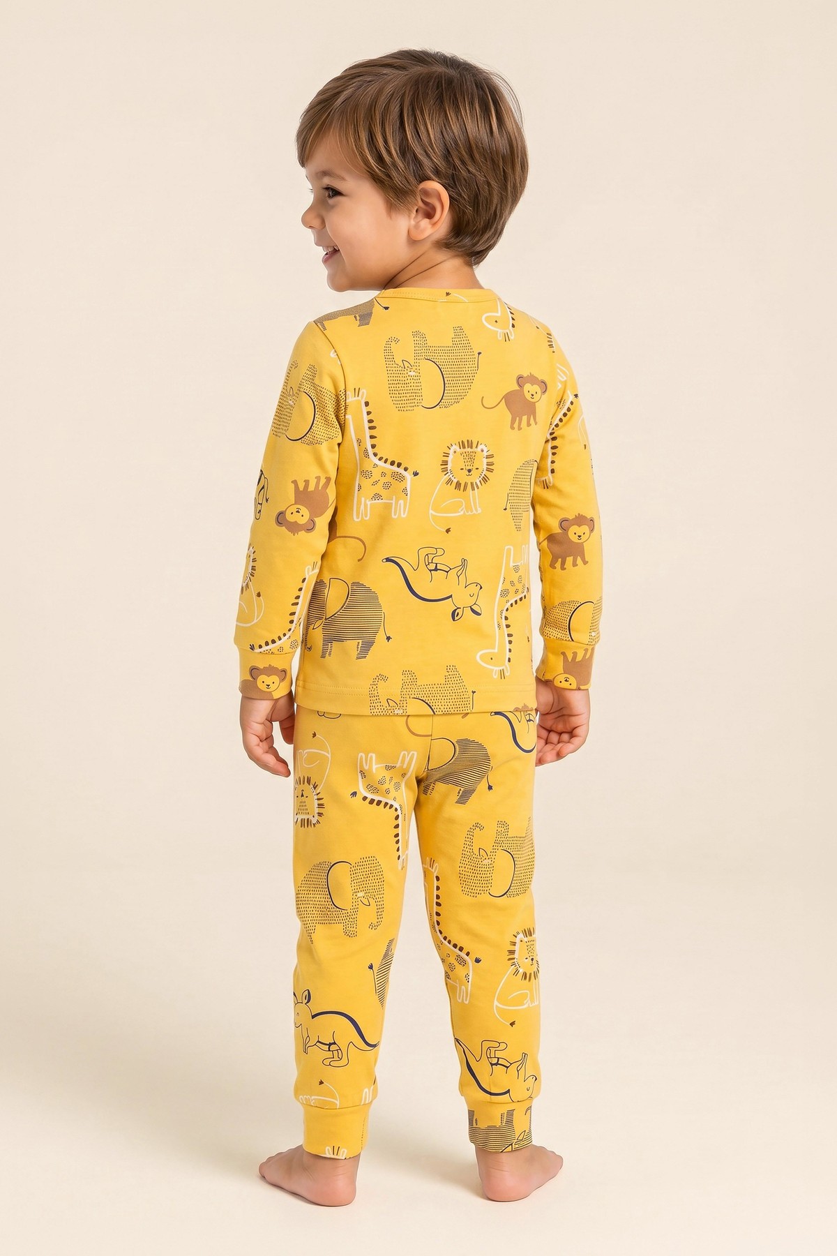 Erkek Çocuk Pamuklu Bisiklet Yaka Hayvan Figürleri Baskılı Uzun Kollu Pijama Takımı 9657 Sarı Sarı