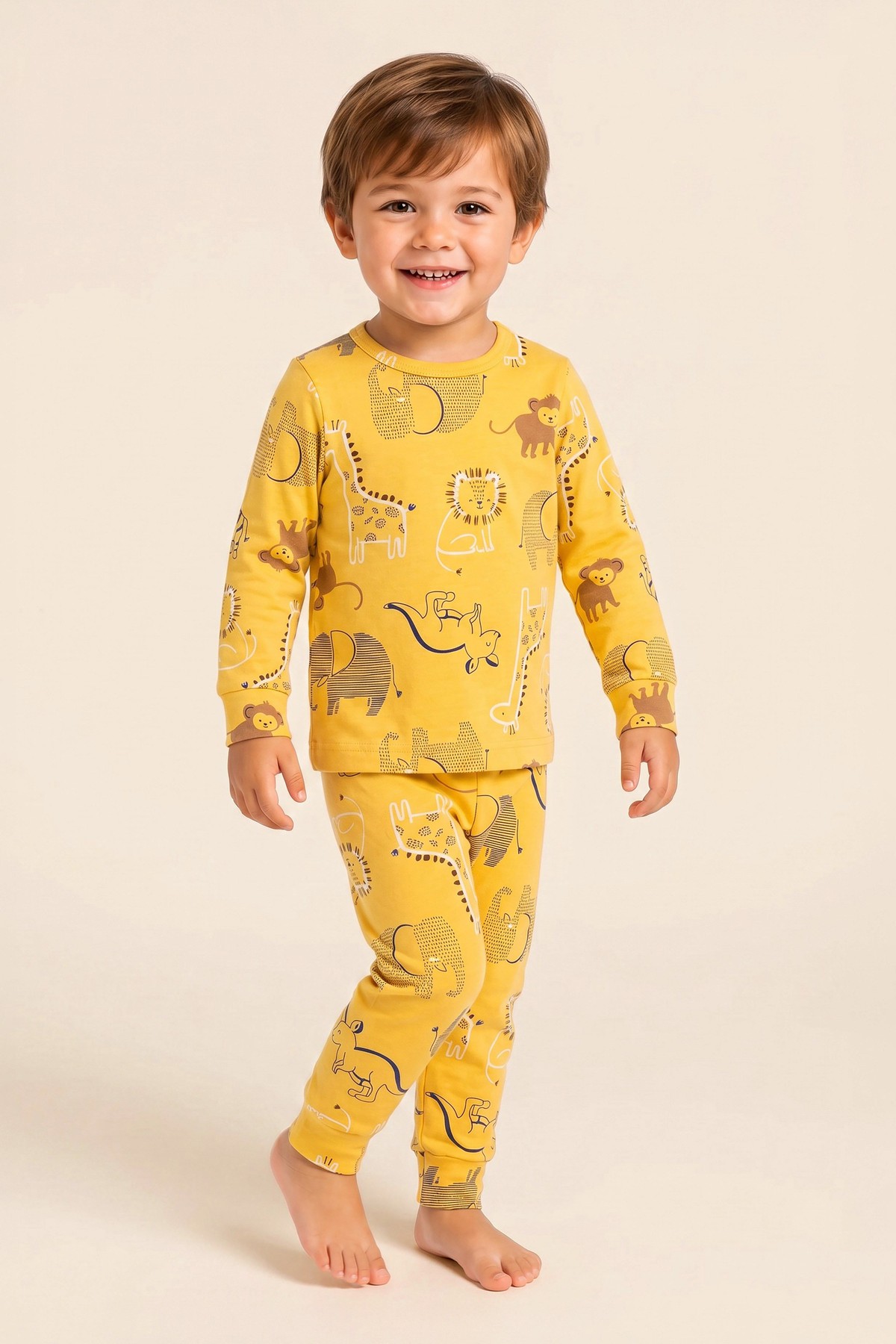 Erkek Çocuk Pamuklu Bisiklet Yaka Hayvan Figürleri Baskılı Uzun Kollu Pijama Takımı 9657 Sarı Sarı