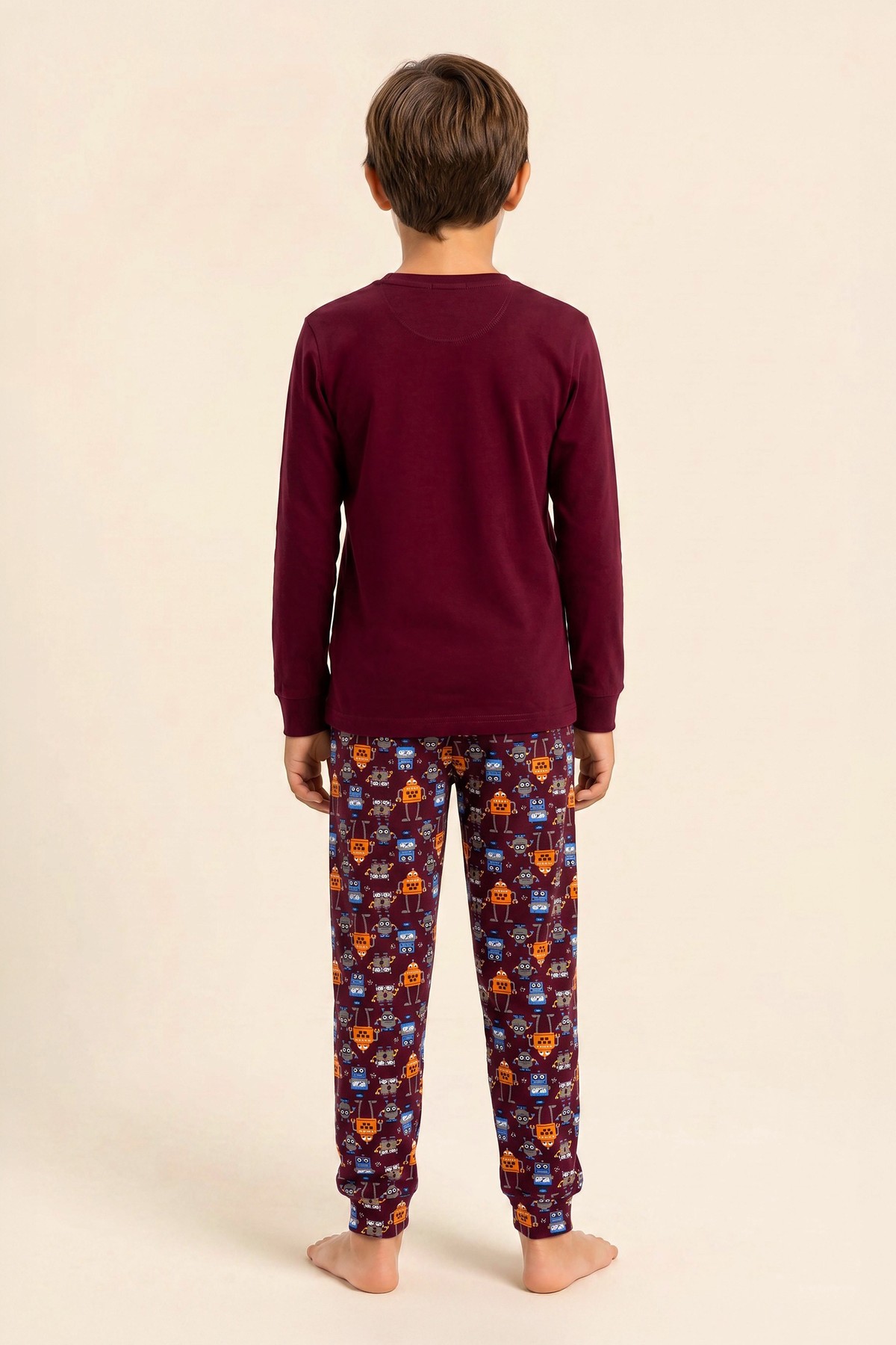 Erkek Çocuk Pamuklu Bisiklet Yaka Robot Baskılı Uzun Kollu Pijama Takımı 9667 BORDO