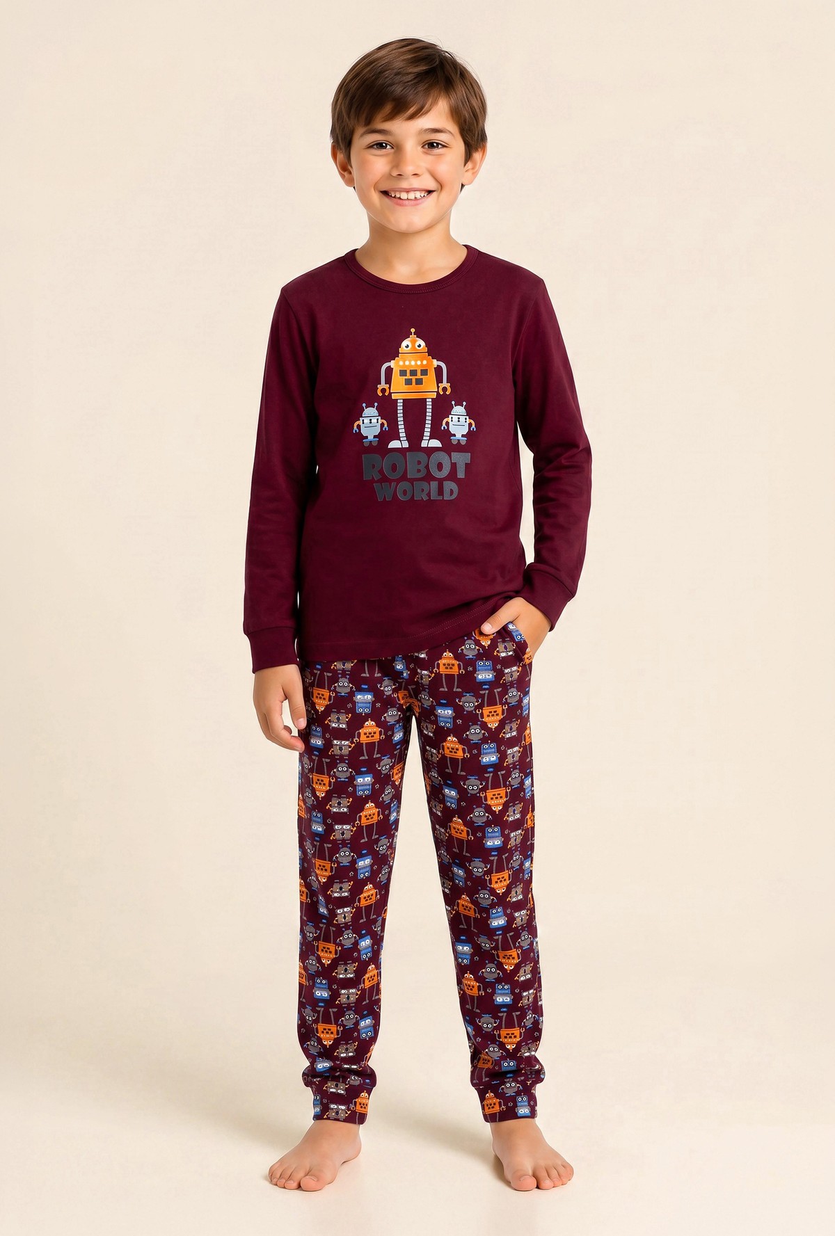 Erkek Çocuk Pamuklu Bisiklet Yaka Robot Baskılı Uzun Kollu Pijama Takımı 9667 BORDO