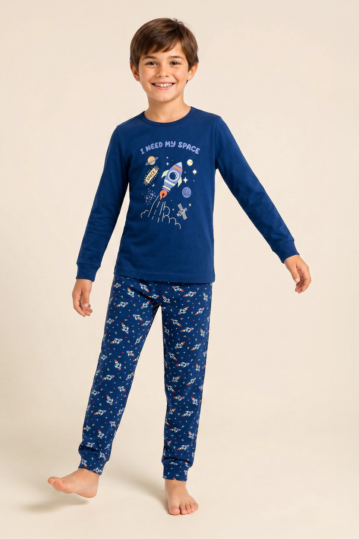 Erkek Çocuk Pamuklu Bisiklet Yaka Uzay Baskılı Uzun Kollu Pijama Takımı 9662 Lacivert