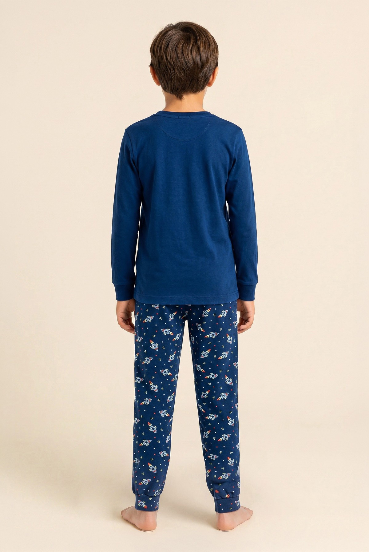 Erkek Çocuk Pamuklu Bisiklet Yaka Uzay Baskılı Uzun Kollu Pijama Takımı 9662 Lacivert